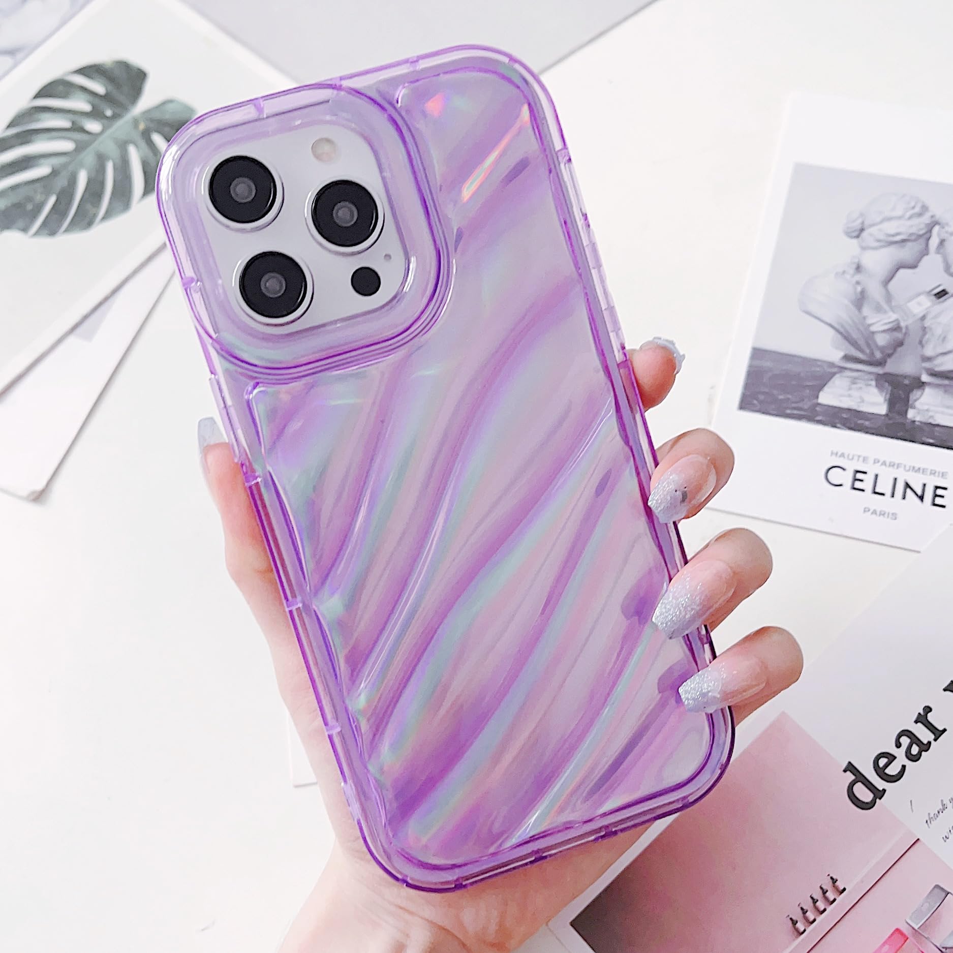 Finyosee Compatible with iPhone 11 Case,Cute Luxury Water Ripple Wavy Pattern Design Holographic Laser Bright Color Phone Cases, Soft TPU Shockproof Protective Cover for Girls Women-Purple