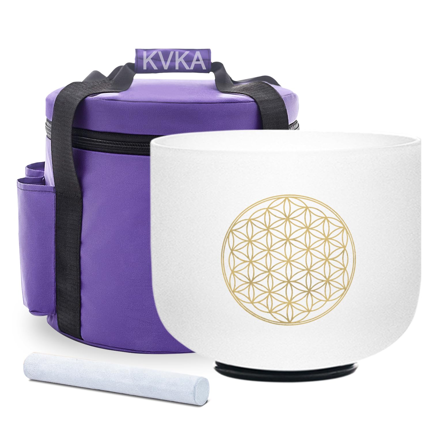 KVKA Bol chantant en note de do, 20 cm, 528 Hz, blanc, motif fleur de vie, chakra fleur de vie, pour yoga, méditation, guérison, relaxation, soulagement du stress, avec sac de transport