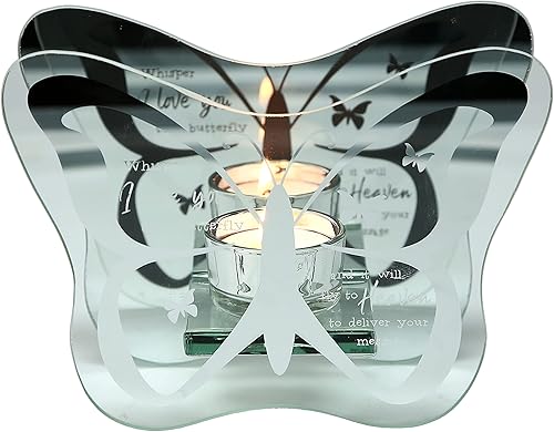 Pavilion - Whisper I Love You - 6.75 x 5 x 2.25 pulgadas con forma de mariposa portavelas de vidrio y espejo - en memoria de duelo conmemorativo
