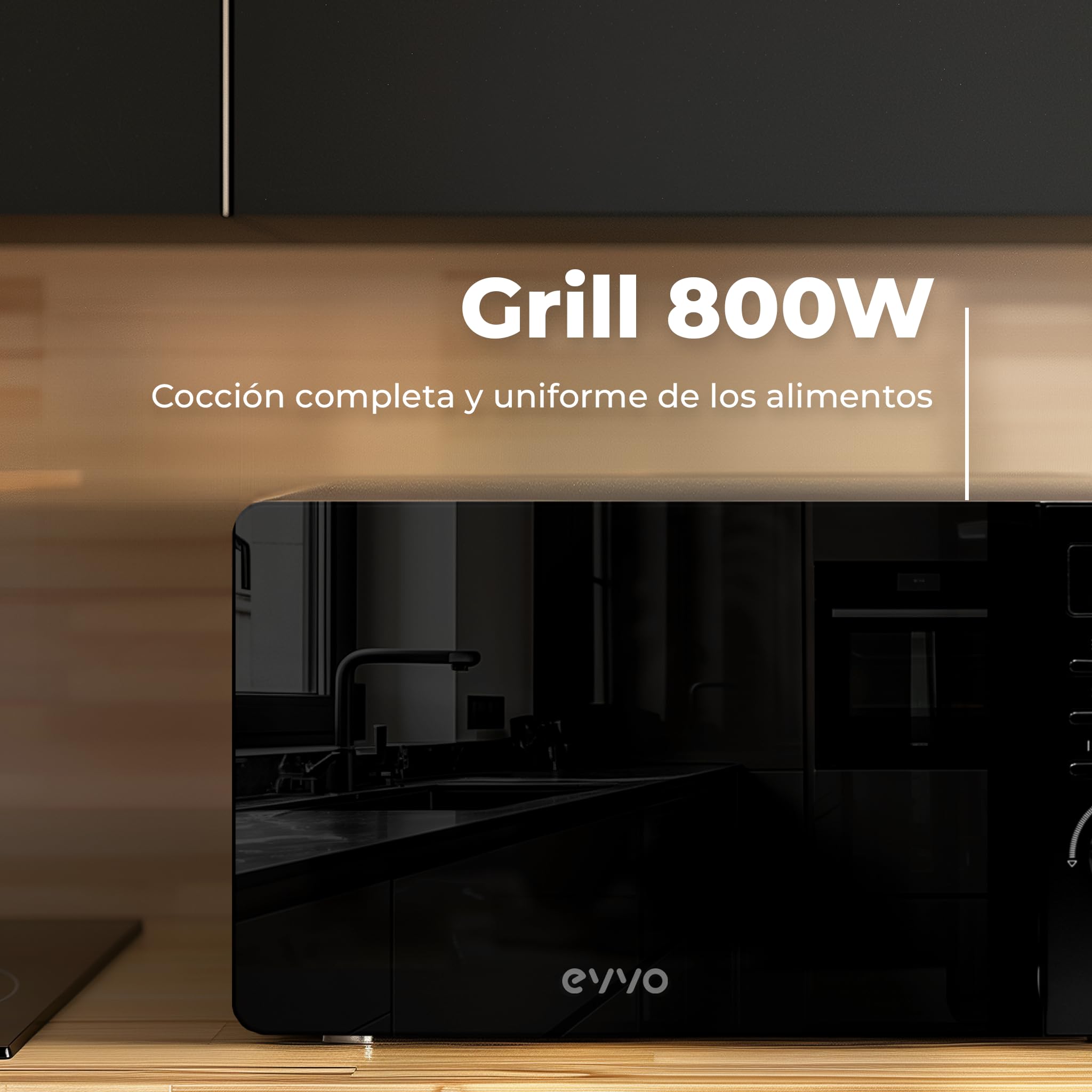 EVVO Microondas M20 White - Horno Microondas Libre Instalación con Función Grill, 800W, Capacidad 20l, Display Digital, Panel Control Táctil, Puerta Efecto Mirror, Bloqueo Infantil, Blanco