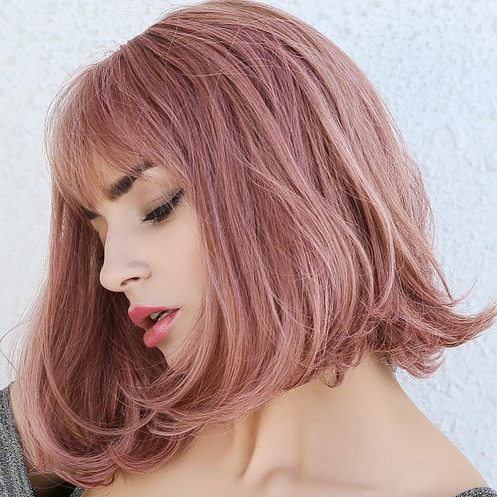 Pink Lace Front Wigs, Short Loose Wave Wig with Bangs, Adjustable Lace Front Wig Naturally Synthetic Wig Heat Resistant