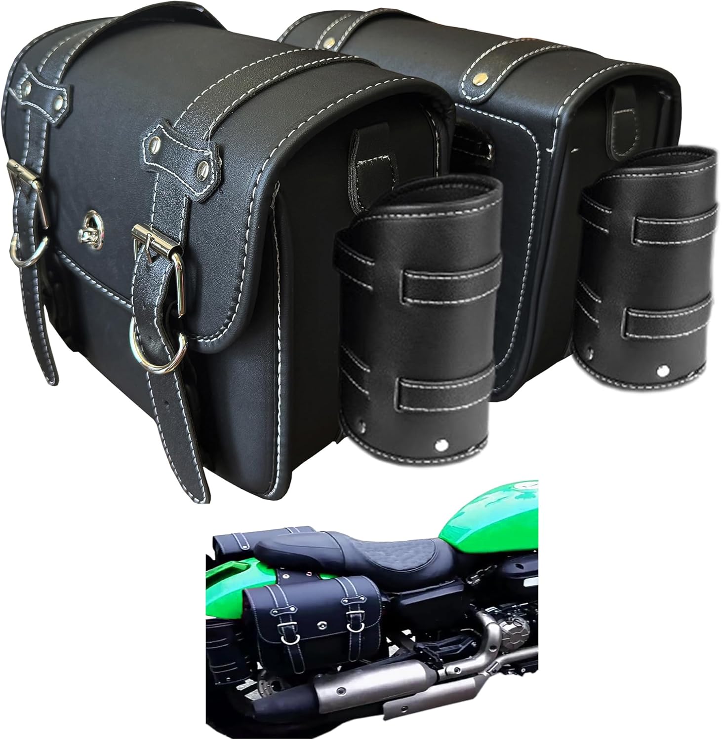 Motorcycle Saddlebags, Scooter Powersports Faux Leather Saddle Bags Motorcycles, Softail Universal Throw Over Sportster Saddlebags 12.2x5.12x9.84 inches Large With Cup Bag