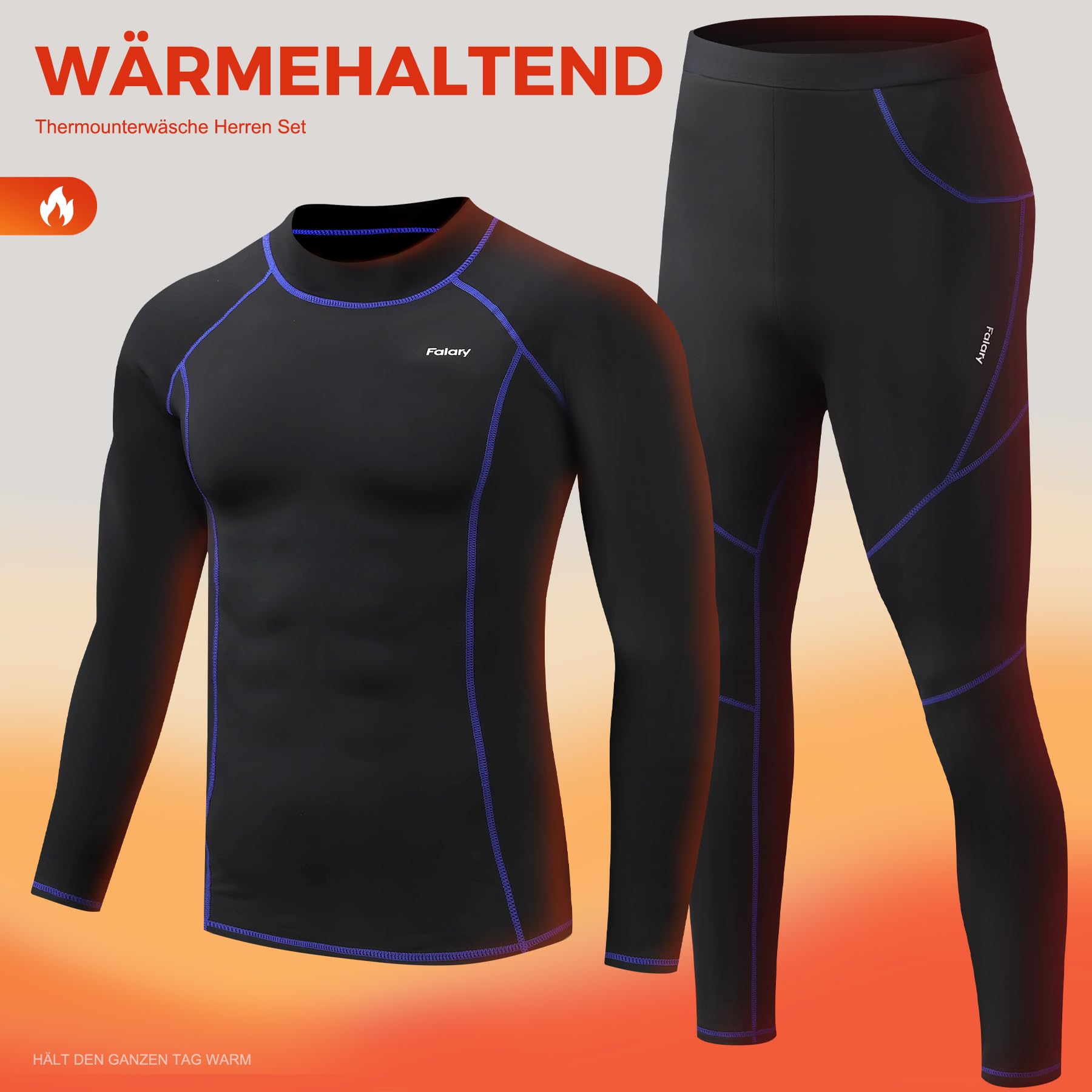 FALARY Winter Thermounterwäsche Herren Set – Warme Funktionsunterwäsche & Skiunterwäsche, Atmungsaktiv Thermohose und Thermounterhemd für Outdoor Sport, Laufen – Größe L