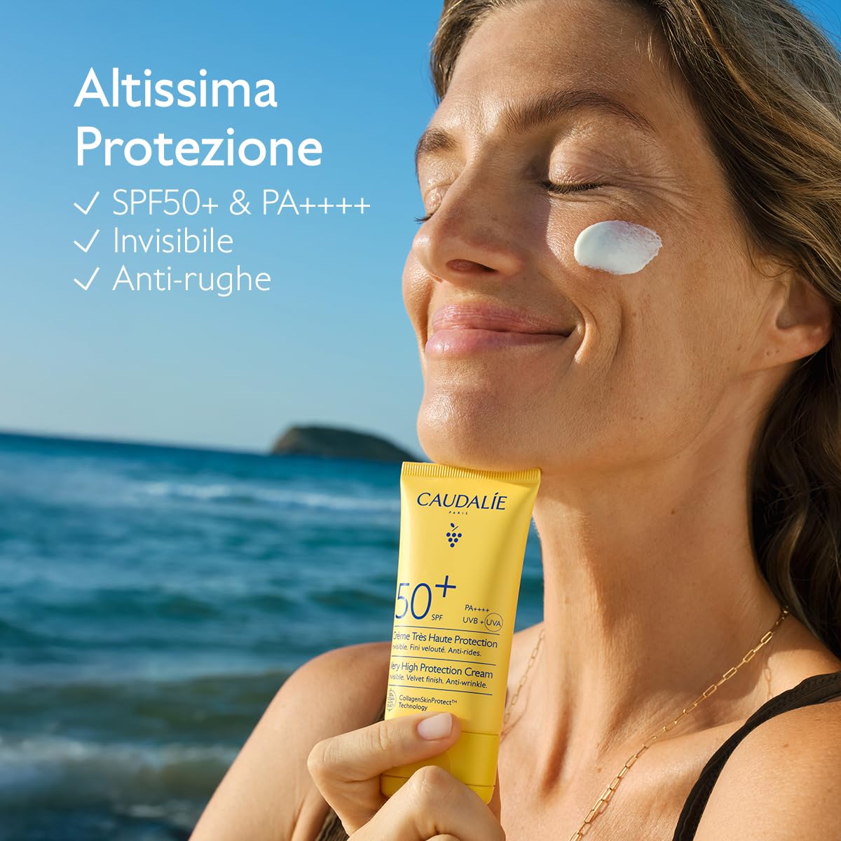 Caudalie Crema ad Altissima Protezione SPF50+ – CollagenSkinProtect™, Filtri Solari Organici, Azione Anti-rughe, Resistente all'Acqua, Pelli Sensibili, Vegano, PA++++, 50 mL