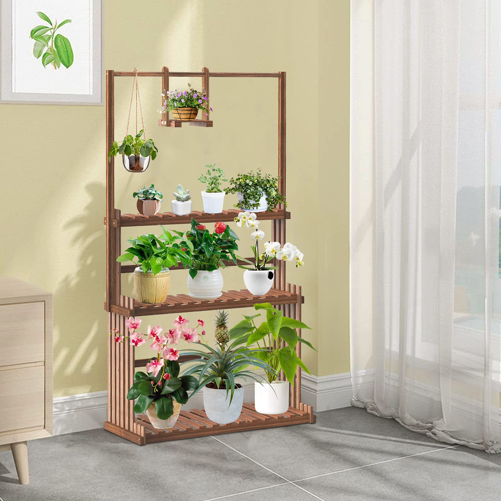 unho Blumenständer Holz, Blumentreppe 3 Ebenen, Pflanzentreppe mehrstöckig, Holzregal für Indoor Outdoor Garten Balkon, 79x36.5x145cm