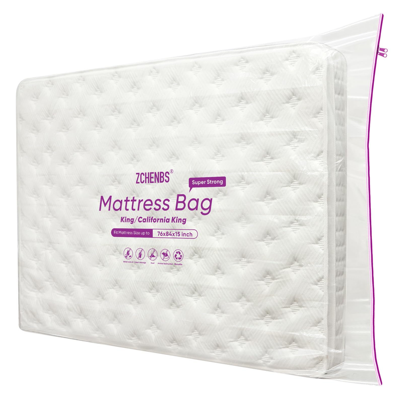 ZCHENBS® - King Mattress Bags for Moving, Waterproof Storage Bag with Zipper, Heavy-Duty 5 Mil Ultra-Thick California King Mattress Protector Cover for Moving, Reusable (Transparent/Purple, 1 Pack)