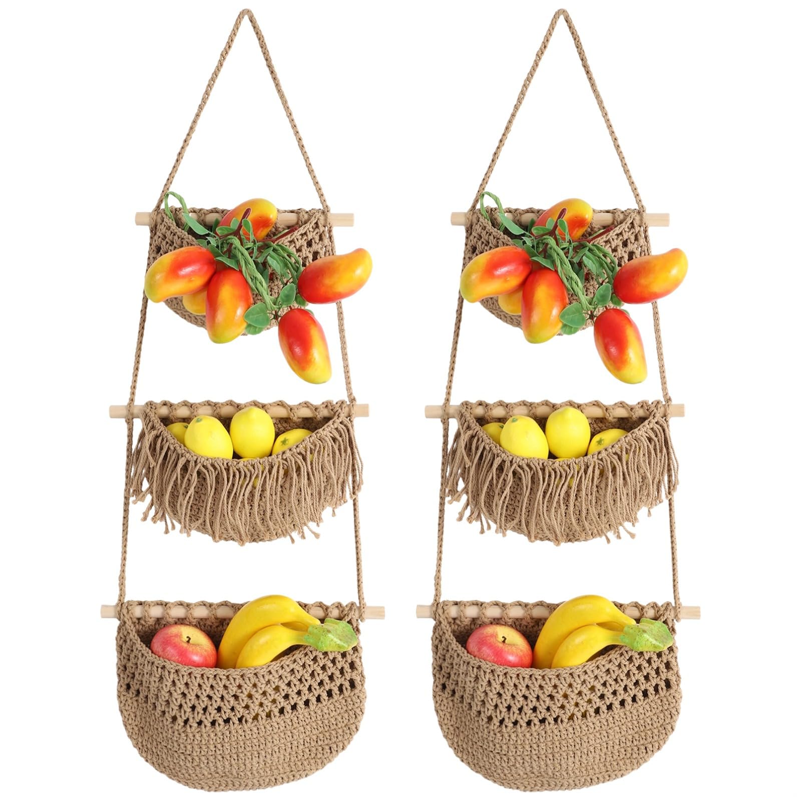 SWEWARM 2 Pcs 3 Tier Hanging Fruit Basket, 35.4 in Cotton Rope Wall Storage Organizer, Bohemian Kitchen Produce Holder