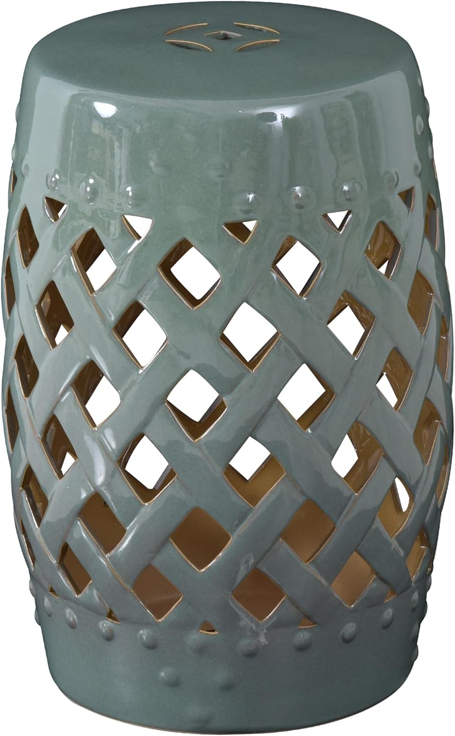 13" x 18" Ceramic Garden Stool, Decorative Side Table with Woven Lattice Design, Glazed Outdoor Patio Accent Stool (Green)