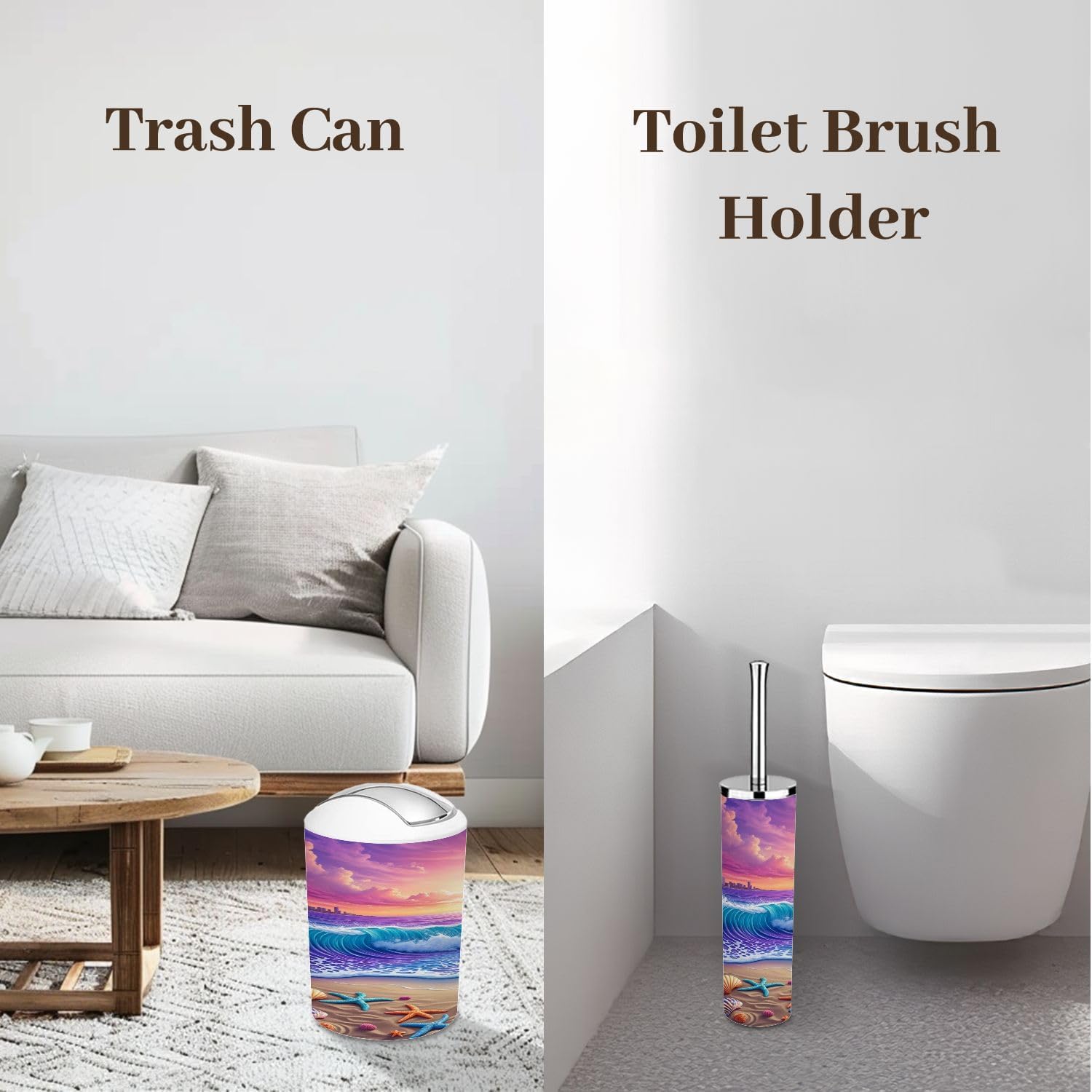 Bathroom Accessory Set 6 Piece Purple Sunrise Beach Coastal Seashell Seafoam Bath Curtain Trash can, Toothbrush Holder, Soap Dispenser, Soap Dish, Toothbrush Cup, Toilet Brush Holder