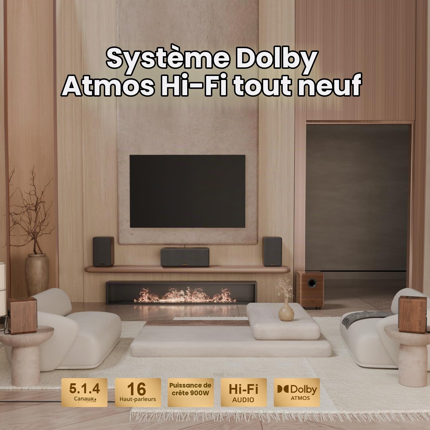 5.1.4 Chaînes Hi-FI avec Dolby Atmos, 900W Barre de Son TV avec Caisson de 25 Hz Basses, Enceintes Centrales avec 4 Enceintes Satellites, Système Audio Home Cinéma pour Téléviseur, eARC