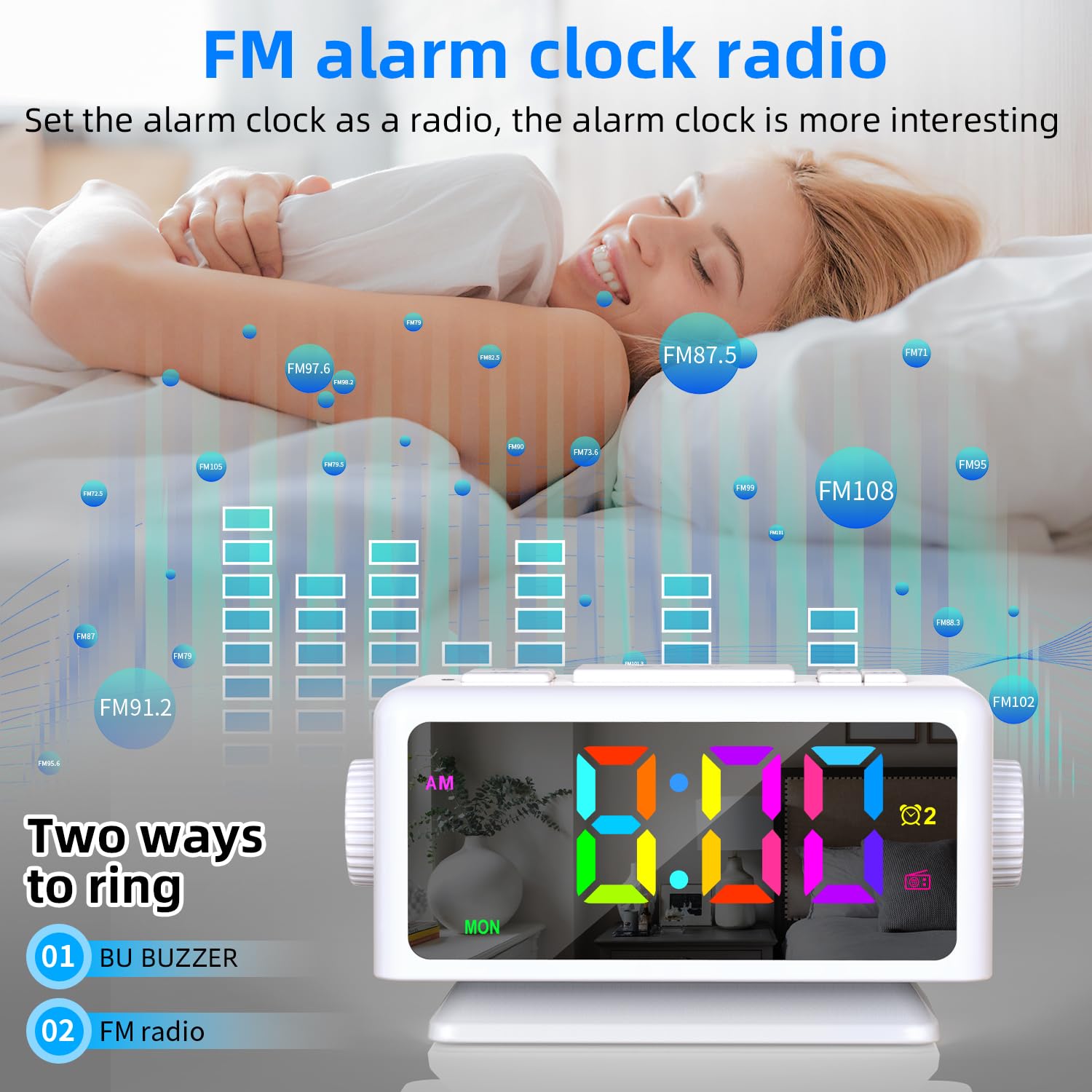 Euakee Réveil Numérique, Réveil avec Projection, Horloge Miroir LED 7.4, Veilleuse 10 Couleurs, Projecteur Rotatif 180°, Chargeur USB-C, Réveils Projection pour Enfants Chambre Filles Garçons (Noir