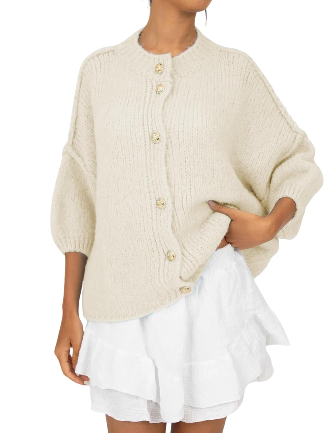 SeekMe Womens Oversized Cardigans Casual 3 4 Sleeve Button Up Trendy Lightweight Knit Sweater Outwear