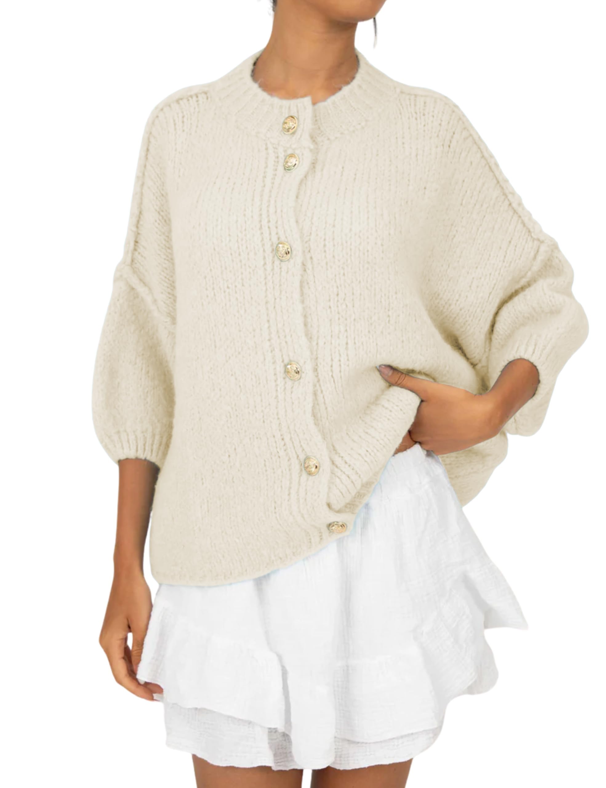 SeekMe Womens Oversized Cardigans Casual 3 4 Sleeve Button Up Trendy Lightweight Knit Sweater Outwear