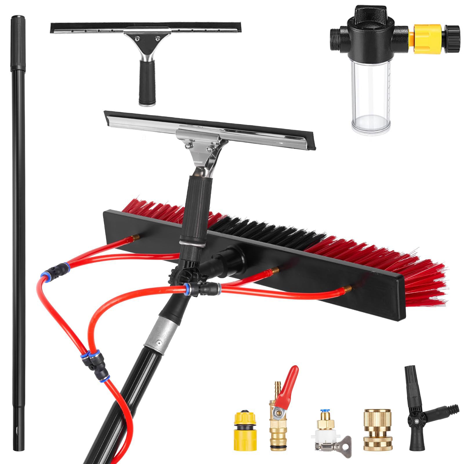 Solar Panel Cleaning Kit: 3-20m Extendable Cleaning Pole with Water-fed Brush, Squeegee, Soap Dispenser & 20m Hose, Cleaner for Windows, Roofs & Cars (55cm Brush,16m)