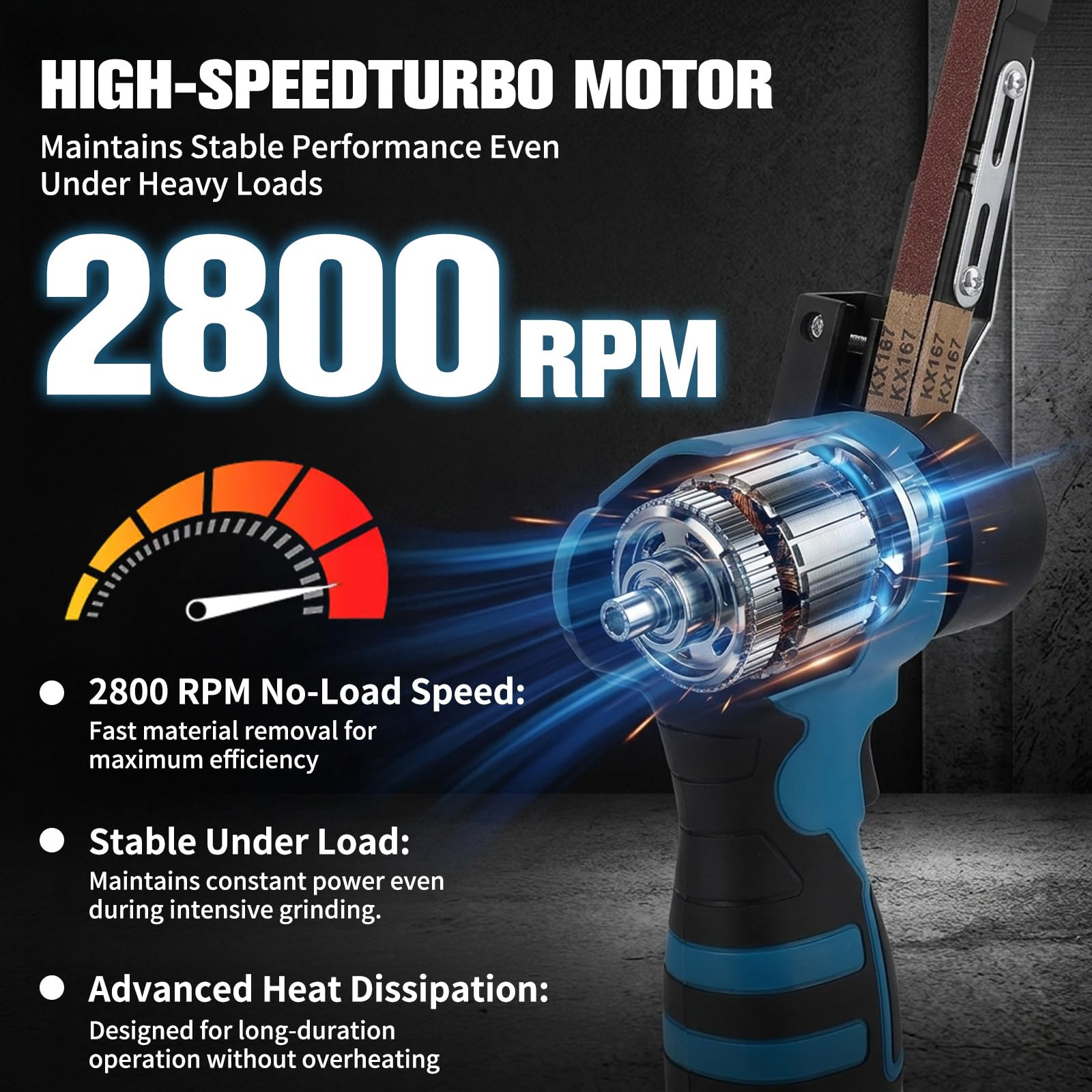 Lijadora de banda eléctrica inalámbrica de 7000 rpm, con 15 bandas abrasivas (granos 80-1000) y 2 baterías de litio de 16,8 V, para trabajos de metales, carpintería y superficies curvas