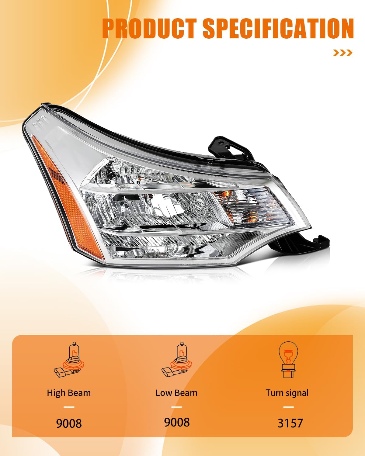 2PCS Headlight Assembly for Focus Ambiente 2.0L 2008 for Focus S 2.0L 2008-2011 Chrome Housing Clear Lens Amber Reflector Replace S4Z13008F - Bulbs Are Not Included