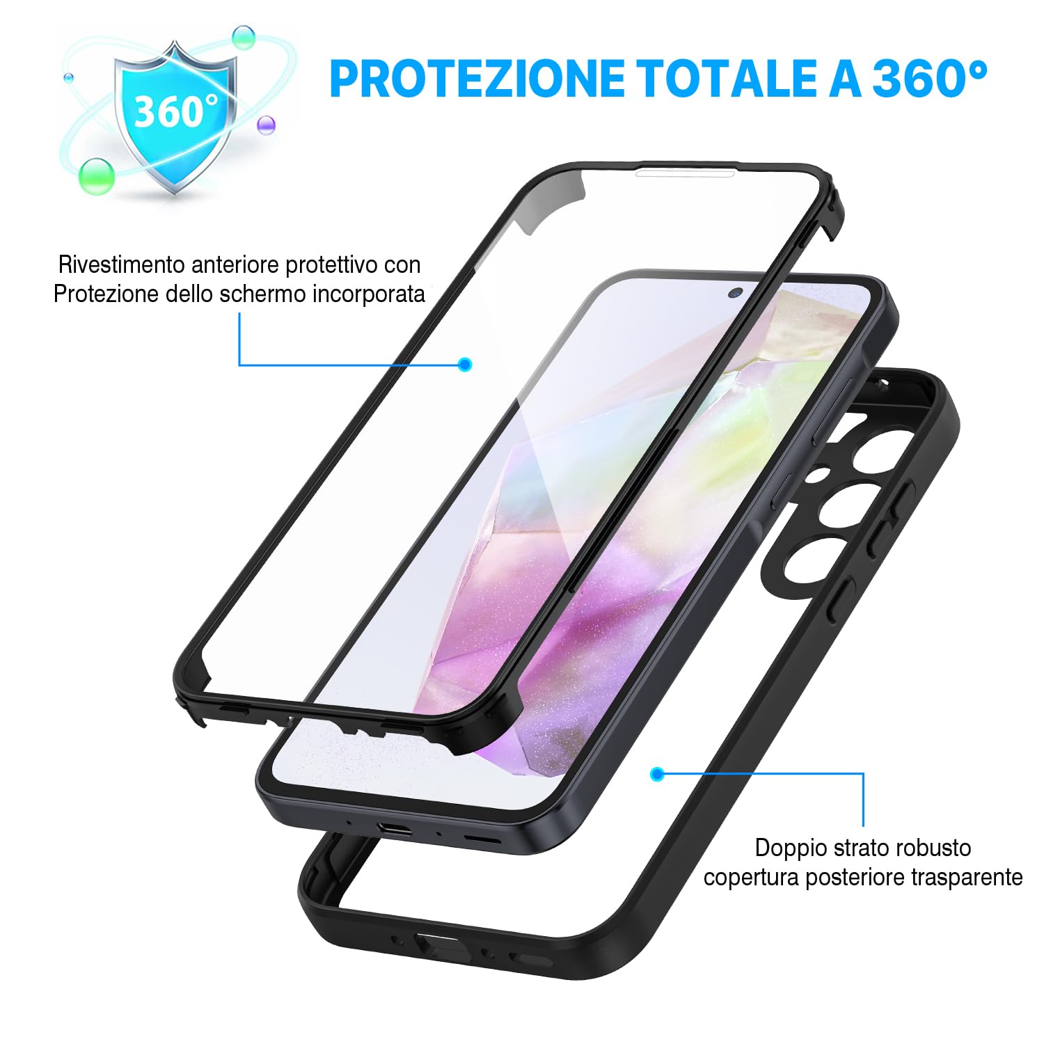 CENHUFO Cover Samsung A35 5G, Custodia Samsung A35 5G Antiurto 360 Gradi con Protezione Schermo Integrata Rugged Trasparente Case Doppia Faccia Fronte Retro Cover per Samsung Galaxy A35 5G - Nero