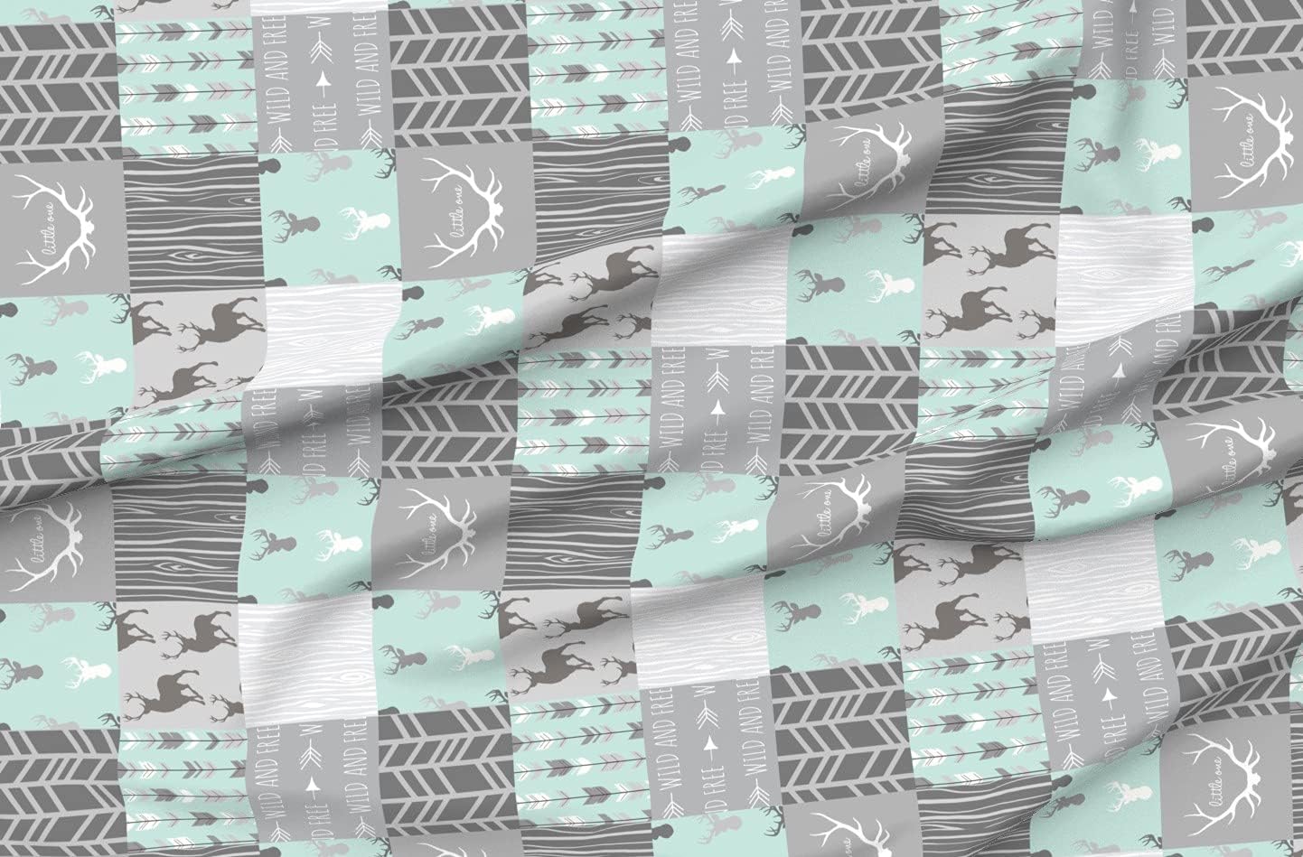 Spoonflower Fabric - Wholecloth Cheater Quilt Top Rotated Village Gray Mint Deer Elk Printed on Minky Fabric by The Yard - Sewing Baby Blankets Quilt Backing Plush