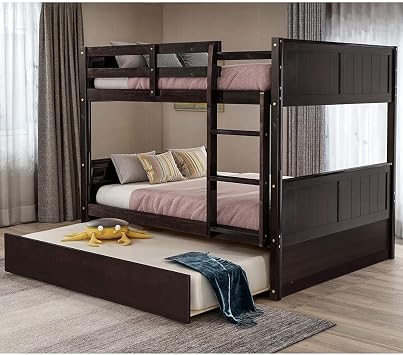 Full Over Full Bunk Bed, Solid Wood Bunk Beds with Trundle, Space Saving Design Bedroom Furniture with Ladder and Safety Rail for Boys, Girls, Kids, Teens and Adults Espresso