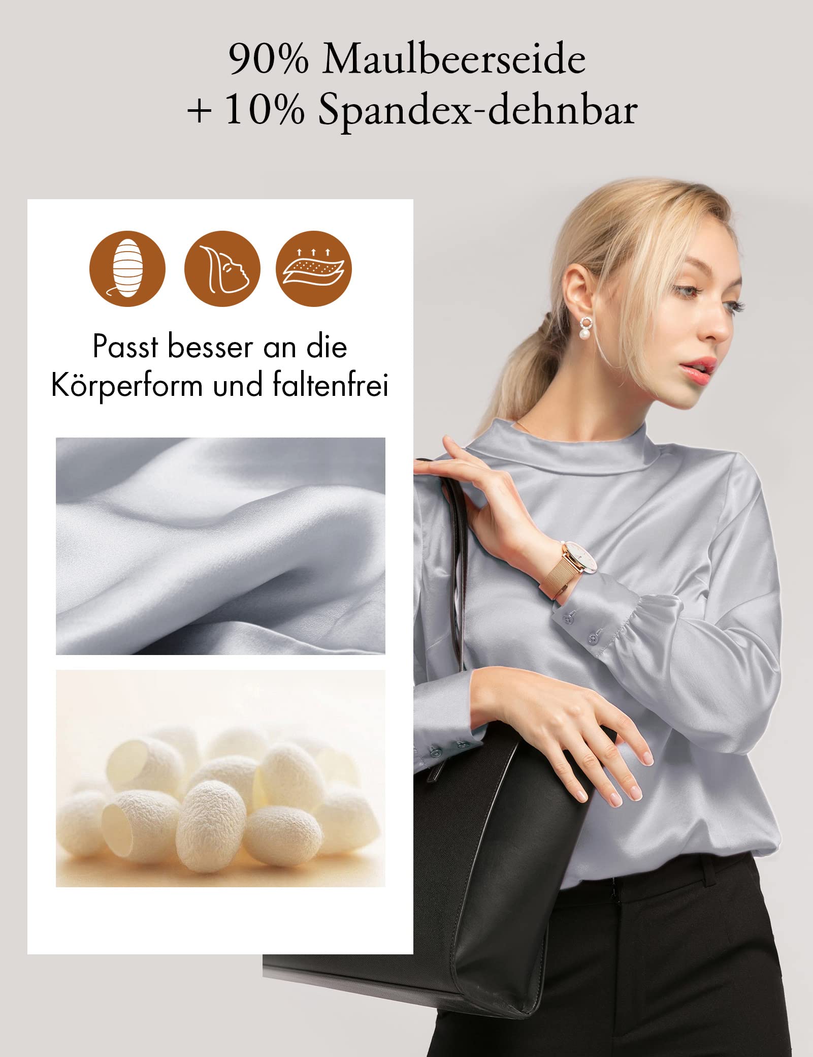 LilySilk Frauen Seidenbluse Damenhemd Stehkragen Langarmshirt Schlichte Damenbluse für Arbeit oder Freizeit
