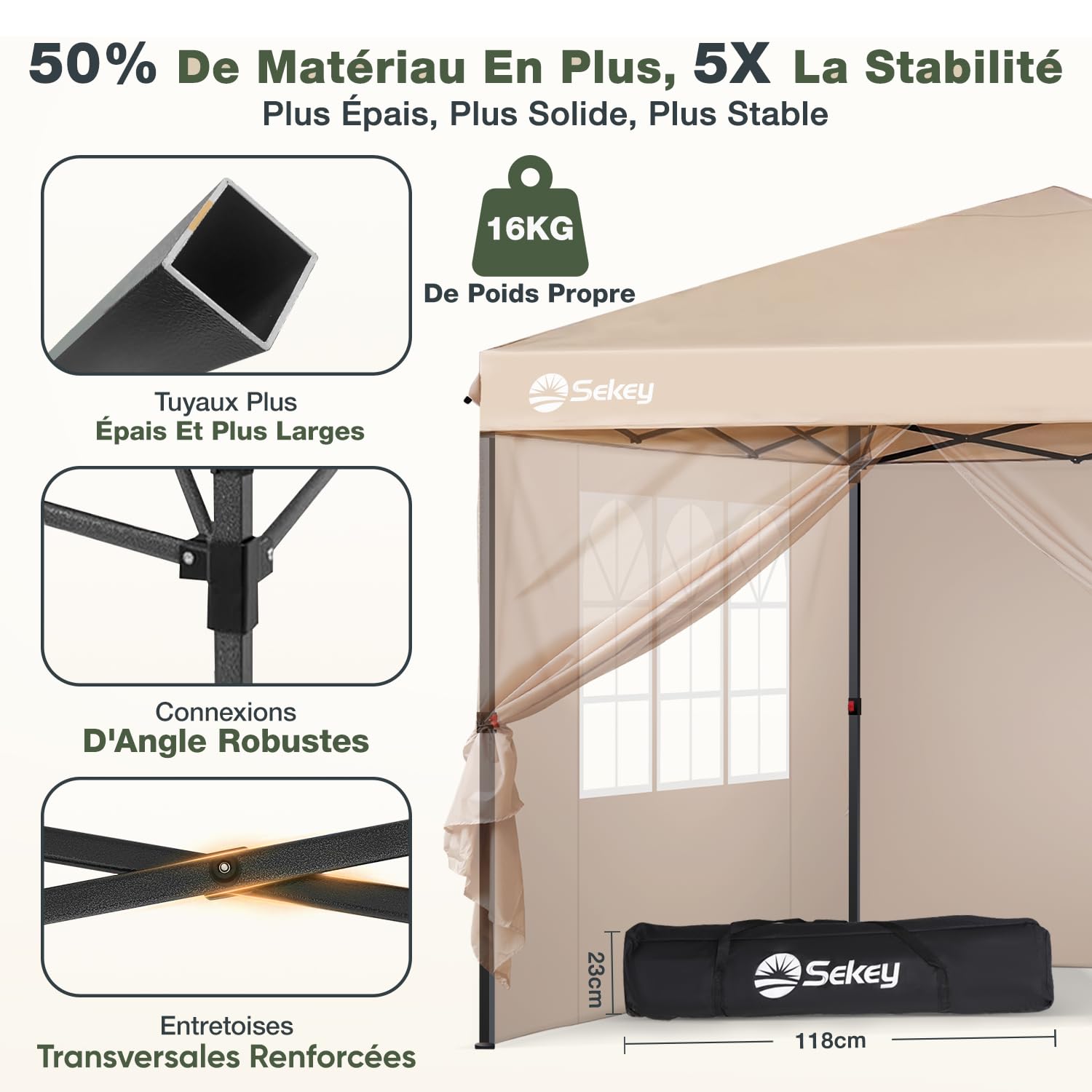 Sekey Tonnelle de Jardin 3x3m Imperméable Pop up, Barnum Pliant 3x3 avec Rideaux, Tonnelle de Jardin Exterieur, Anti UV Respirable Hauteur Réglable