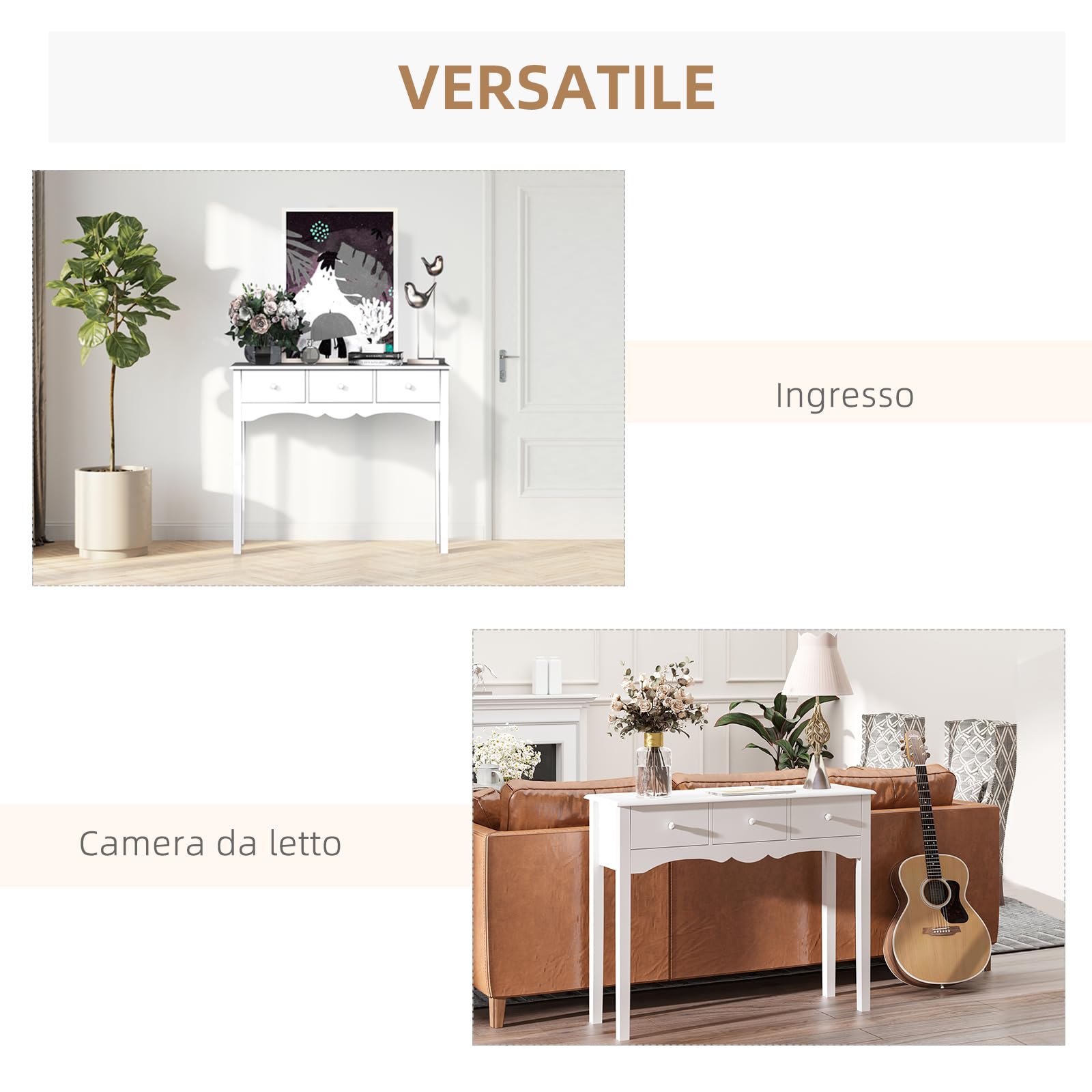 HOMCOM Tavolo Consolle Moderno con 3 Cassetti, Consolle da Ingresso in MDF, per Corridoio, Soggiorno, 100x32x85 cm, Bianco