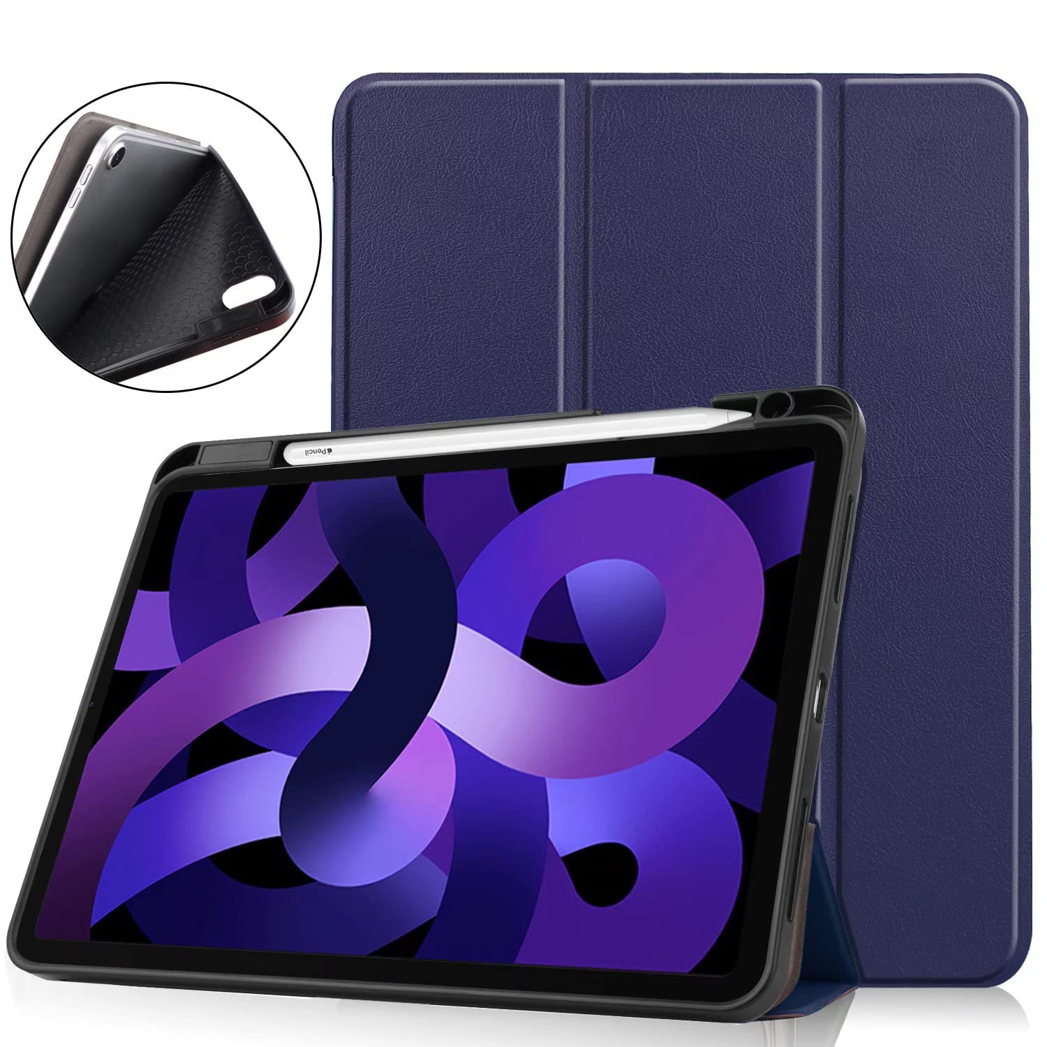 iPad Air 11インチ ケース M4/M3/M2(2026/2025/2024)iPad Air 第5/4世代(2022/2020) ペン収納 Pencil2 ワイヤレス充電対応 オートスリープ/ウェイク機能対応 ソフト TPU 薄型 軽量 耐衝撃 三つ折りスタンド,ブルー