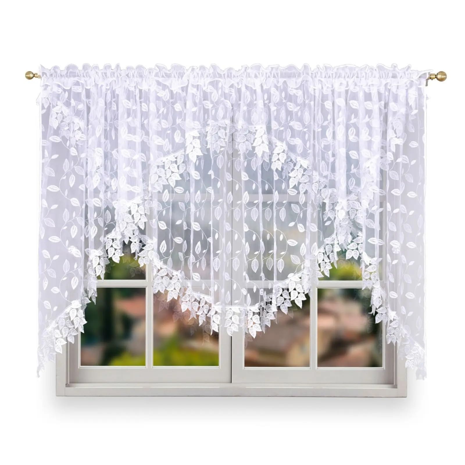 Rideau court transparent à double couche en dentelle brodée pour cuisine