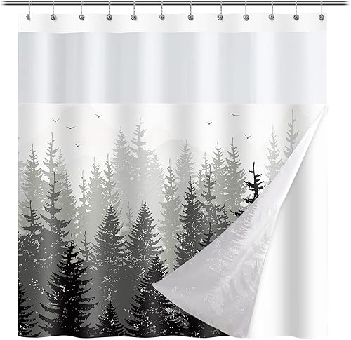 Cortina de ducha de bosque con forro de tela a presión, cortinas de ducha de árbol natural de montaña gris con ventana superior de malla para