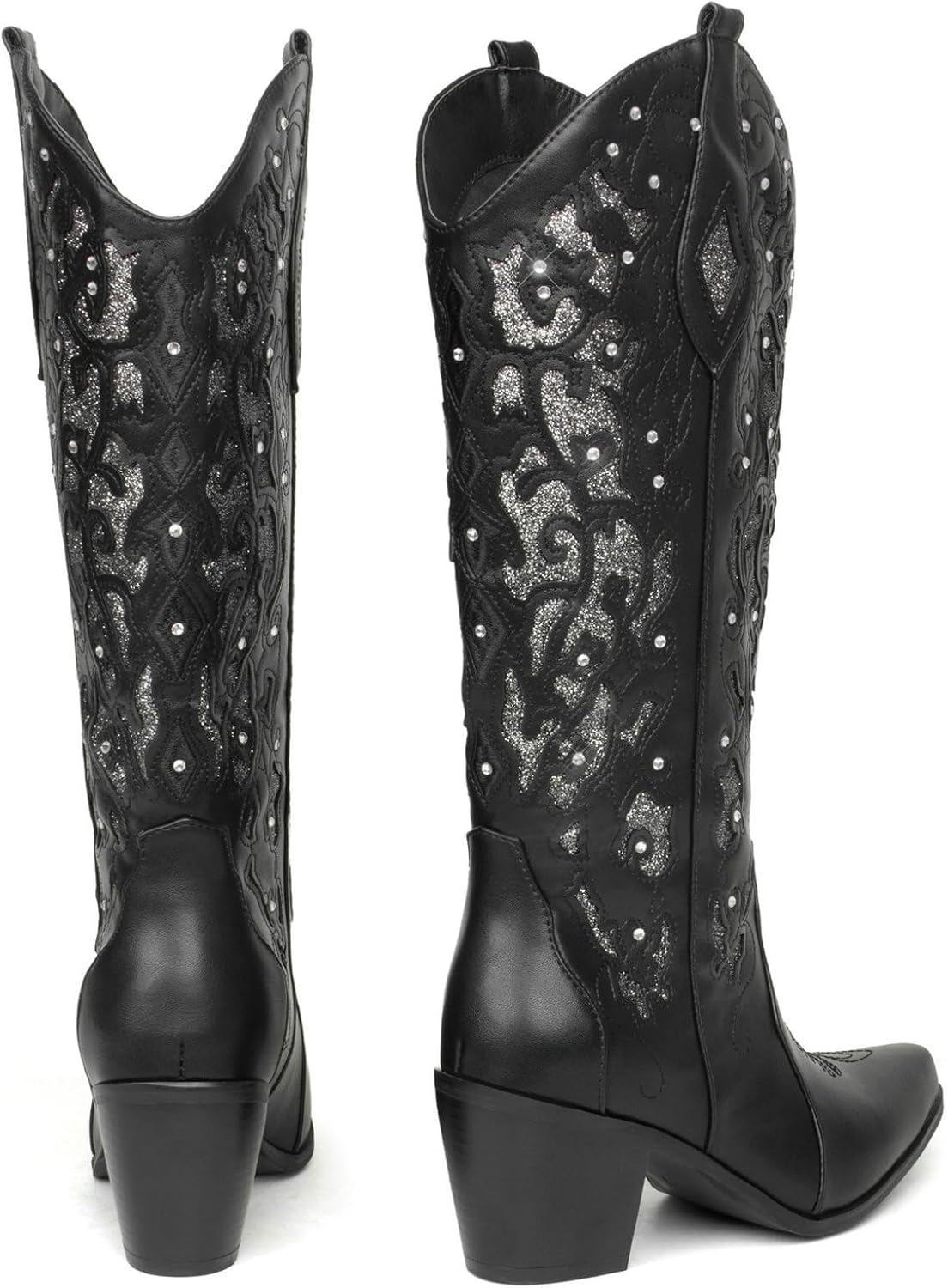 KiutSymo Glitter Rhinestone Cowboy Boots For Women Vintage Embroidered Cowgirl Boots Mid Calf Chunky Heel Sparkly Wedding Western Boots - Image 5