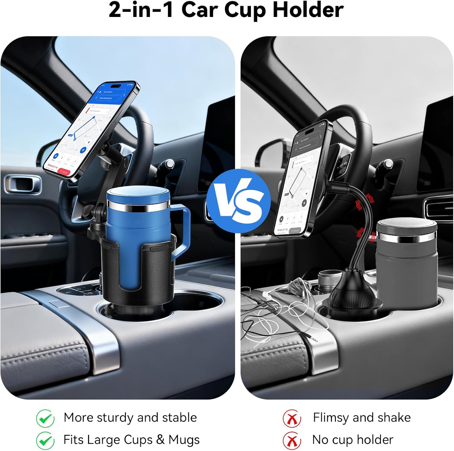 Magnetic Car Cup Holder Phone Holder, 2-in-1 Cup Holder Extender for Car, Universal Magsafe Cupholder Car Mount, Long Arm and 360 ° Rotation, Secure Fit for Car or SUV