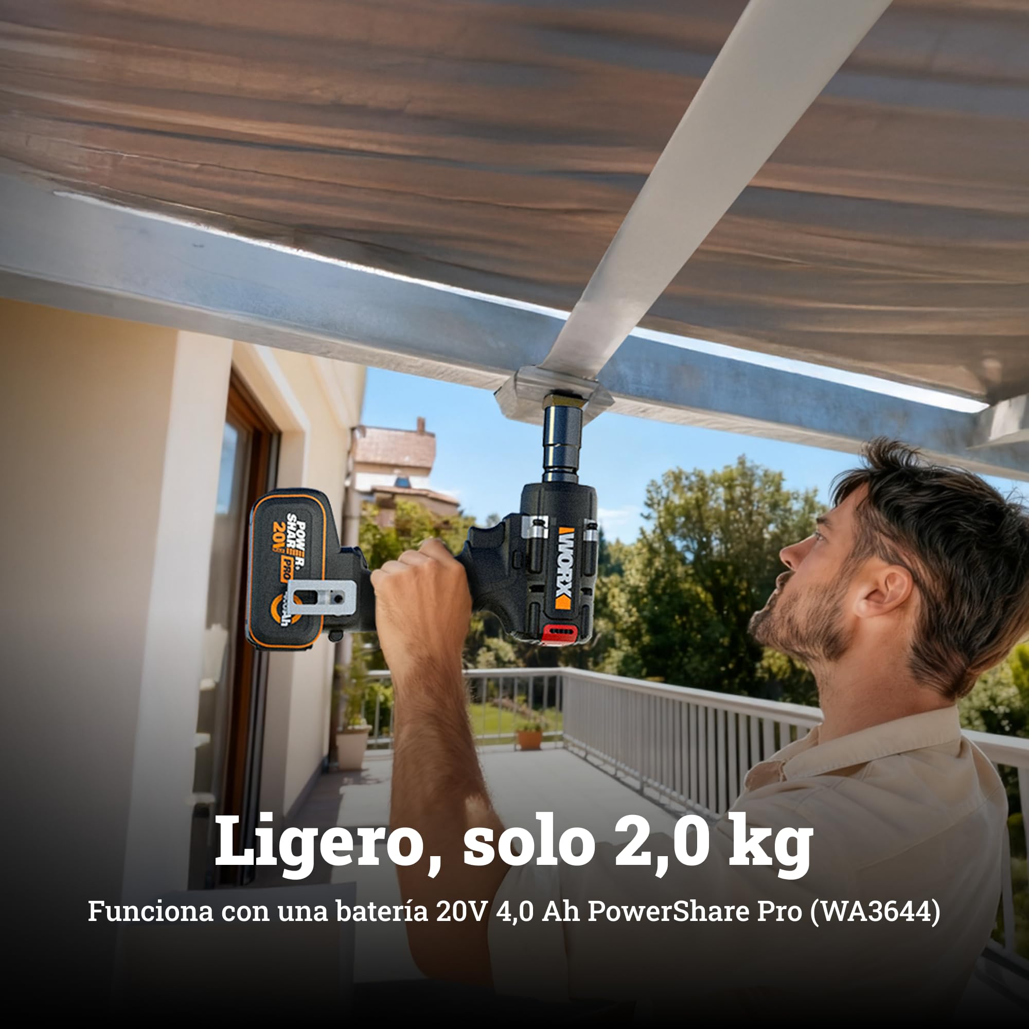 WORX WX273 Llave de Impacto Brushless 20V 4Ah, 600 Nm, 1/2" | Motor brushless, 3 velocidades, 3.300 bpm, hasta 2.800 rpm, cuadradillo 1/2", cargador 2A incluido, PowerShare 20V