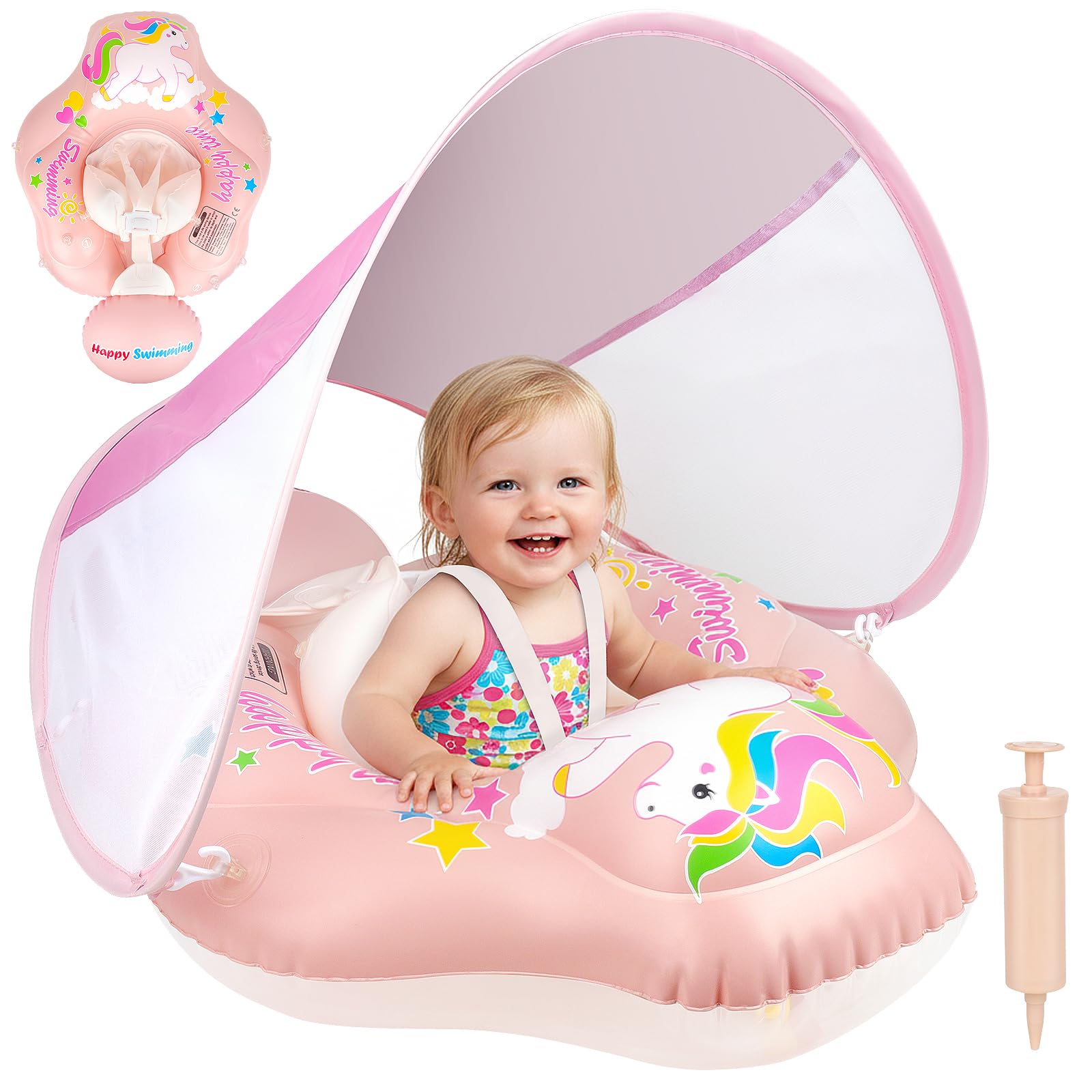 Mineup Salvagente Neonato Con Parasole, Ciambella Neonato Mare, Ciambella Da Nuoto Per Bambini, Seggiolino Gonfiabile Regolabile Con Parasole UPF50+, Galleggiante Per Bambini 12-36 Mesi
