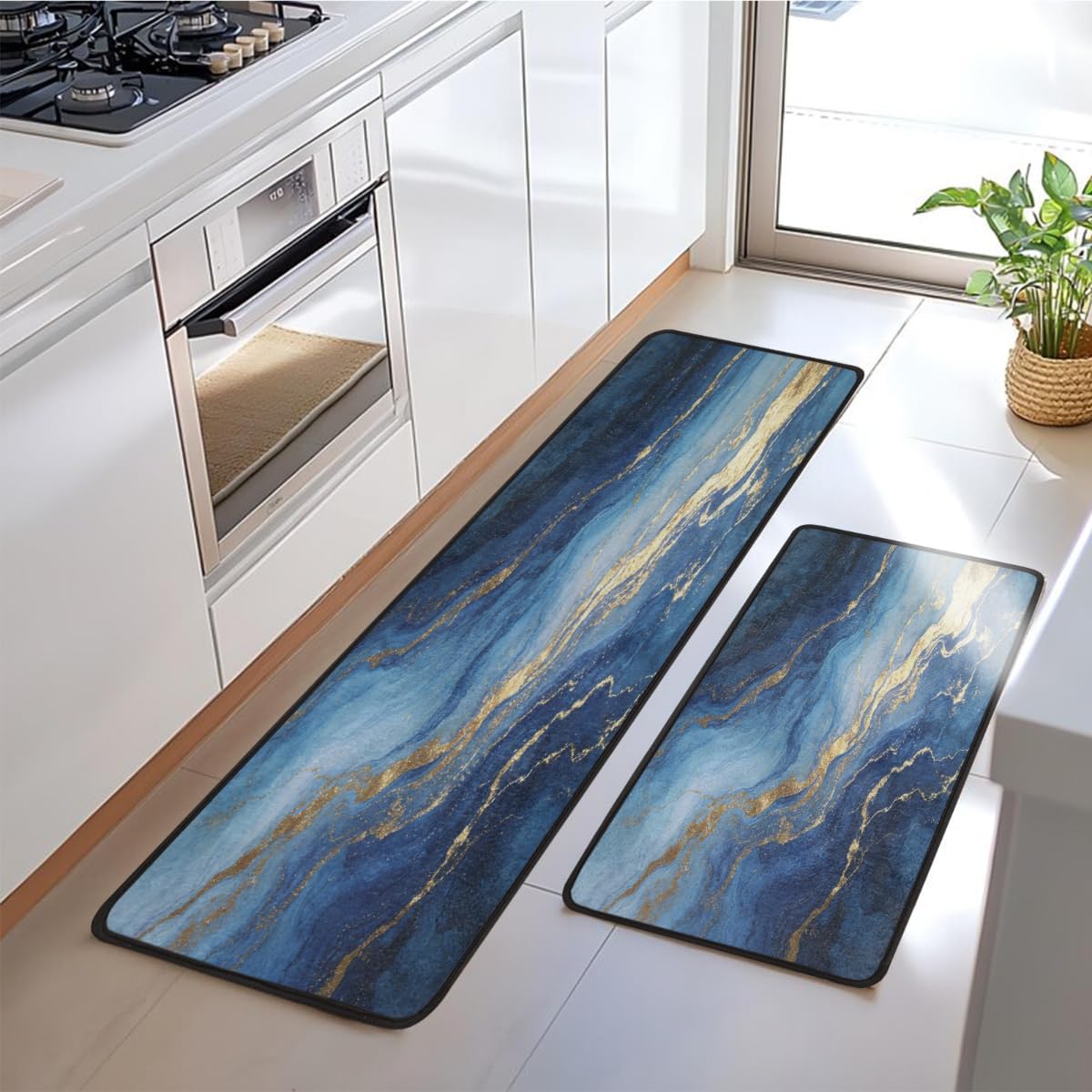 Anti Fatigue Blue Marble Gold Kitchen Mats for Floor 2 Piece Set, Waterproof Non Slip Boho Kitchen Floor Rugs, Comfort Standing Mat for Sink Laundry & Home Kitchen 17"x47"+17"x29"