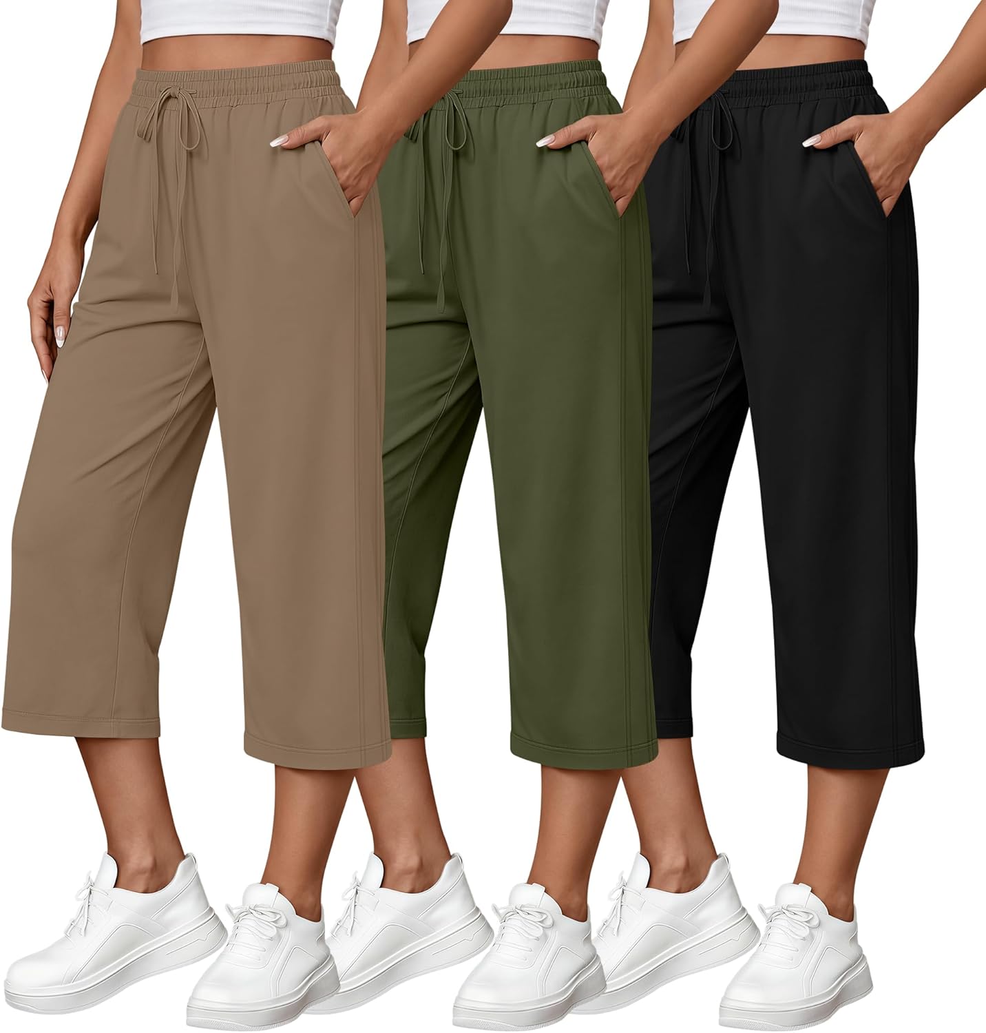 Xaatren 3 Pcs Womens Capri Pants Wide Leg Drawstring High Waisted Cropped Sweatpants Loose Workout Capris Yoga Lounge Pockets