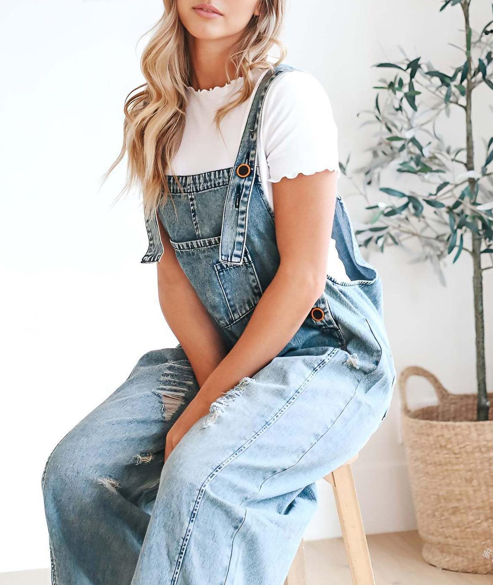 SOMTHRON Salopette ample en jean à bretelles réglables pour femme