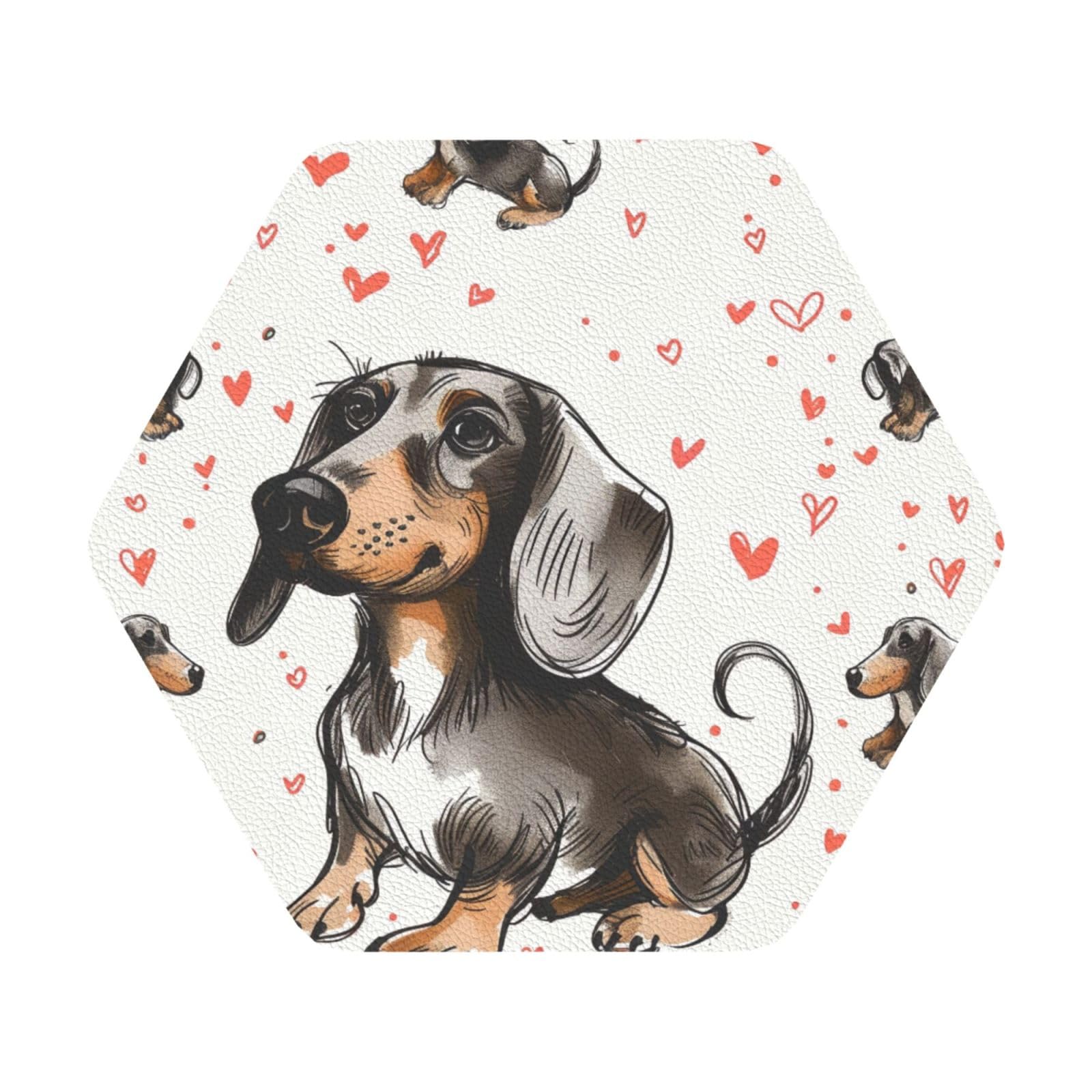 I Love My Dog Dachshunds Print Leather Coaster Set of 6, Hexagon Coasters Table Decorative Coffee Cup Beverage Coasters Wine Beer Bar Coasters for Hot Drinks Table Protection