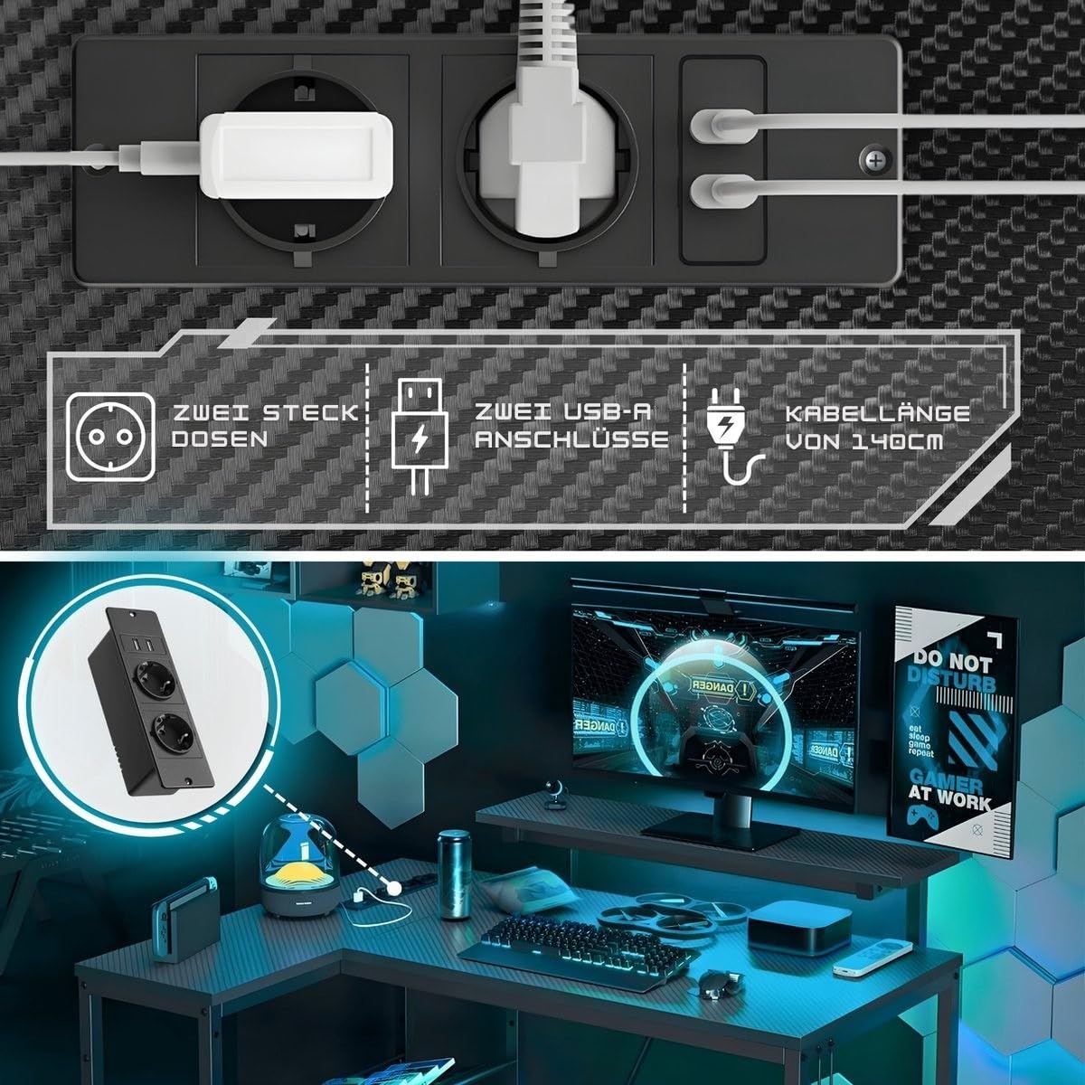 Five Stars® L-förmiger Gaming Schreibtisch - Computertisch - 107x80x76 cm - Gaming-Schreibtisch mit LED-Beleuchtung - Eckschreibtisch - Schwarz Carbon