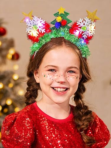 Miniatura 8 de TWINKLEDE Diadema de Navidad con diseño de reno iluminado, color verde, aro de Navidad con purpurina para mujeres y niñas