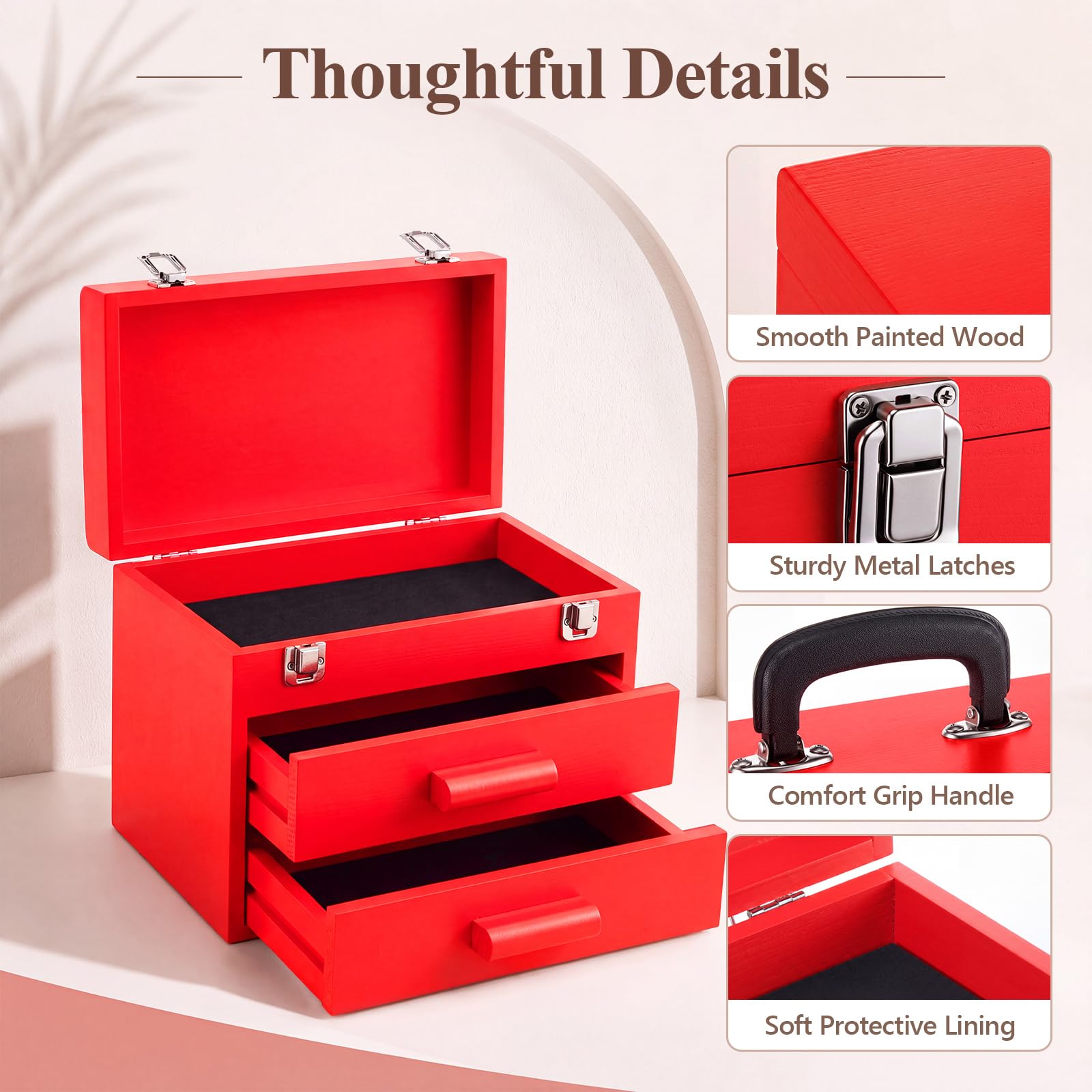 Weysat Mini-Werkzeugkiste aus Holz mit 2 Schubladen und oberer Aufbewahrung, tragbare kleine Werkzeugkiste mit PVC-Auskleidung, Mini-Aufbewahrungs-Organizer, Make-up-Box mit Metallriegelverschluss