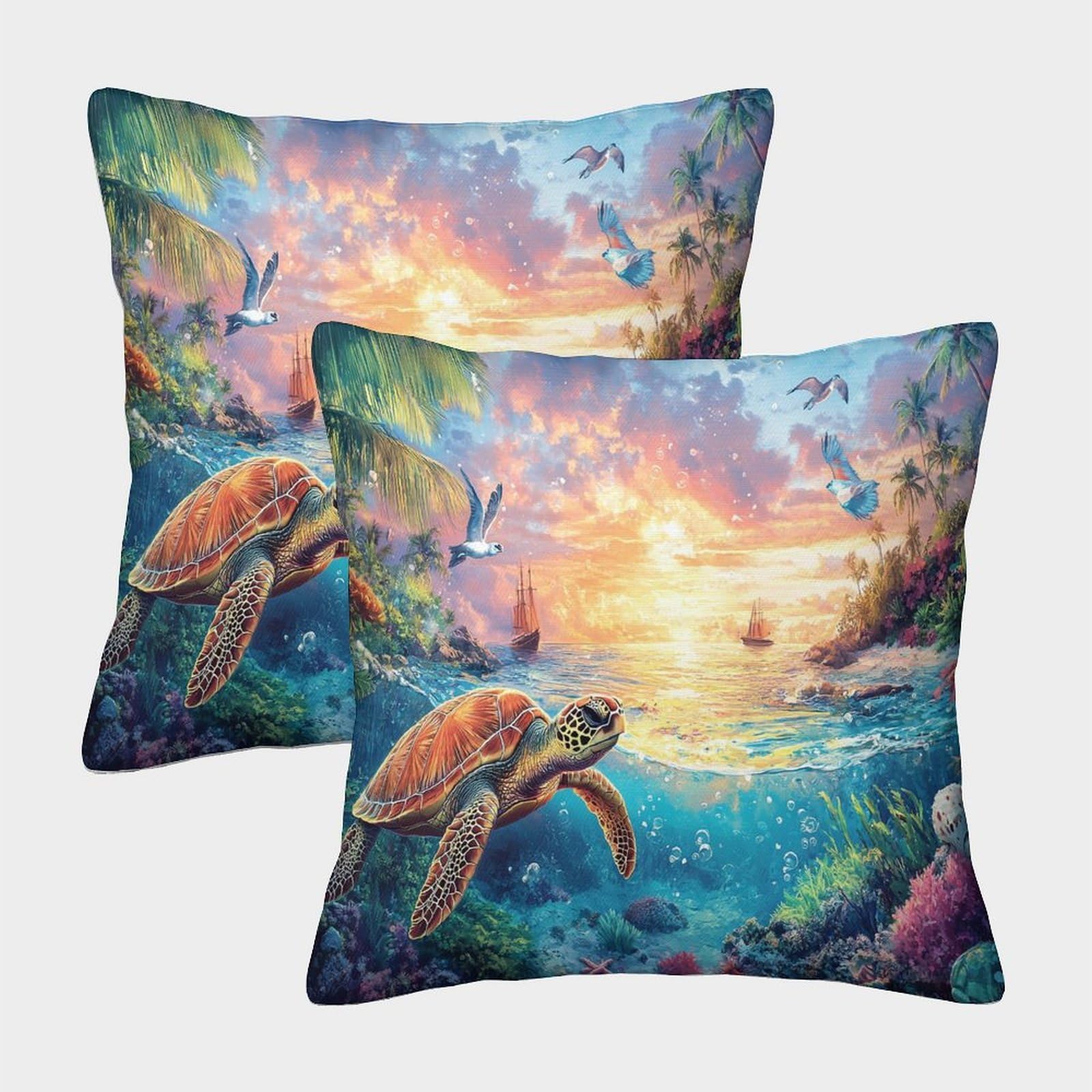kaiyun 2 Pack Turtles, Coral Reefs And Tropical Fish 3D Palm Trees Rocks Shells Cushion Cover Pillow Cover Sofa Outdoor Decoration Square 40x40cm