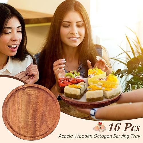 Miniatura 5 de Dandat 16 platos llanos de madera de acacia de 6 pulgadas, platos redondos de madera de madera, platos clásicos ligeros hechos a mano, bandeja para