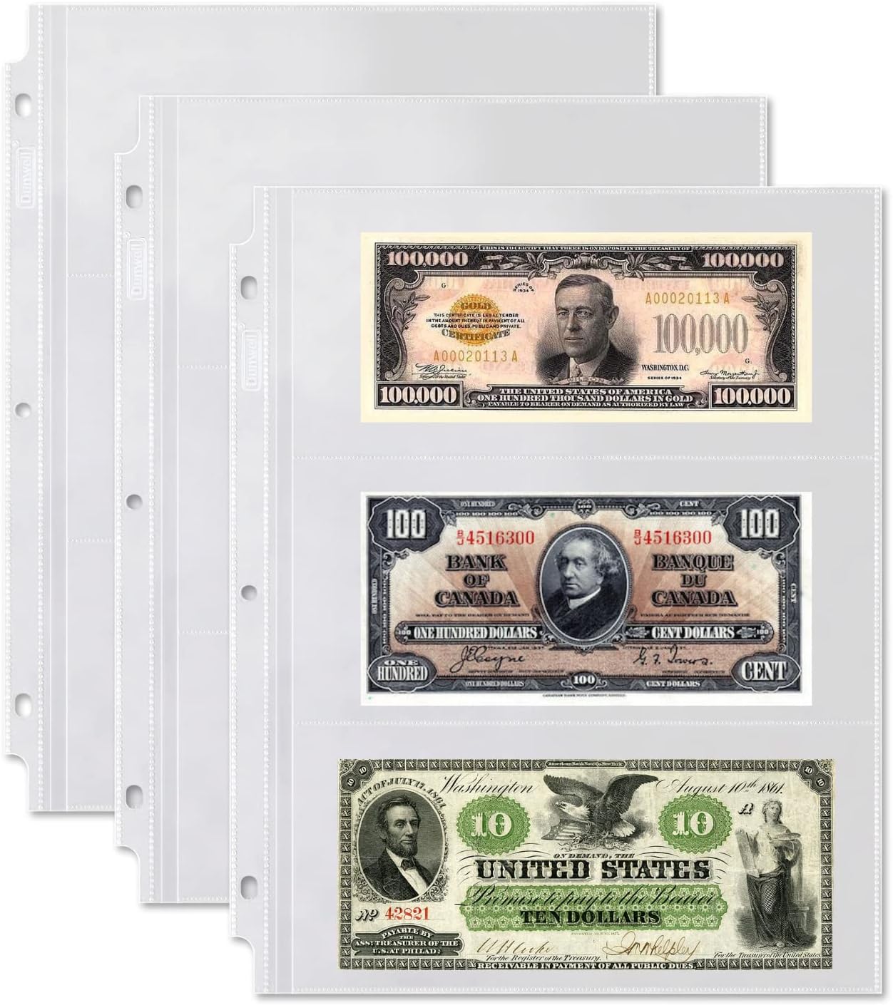 Dunwell Binder Currency Sleeves for Collectors - (50 Pack), Acid-Free 3-Pocket Clear Plastic Refill Pages for Currency Collection Album, 3-Ring Binder Sheet Protectors for Bills, Banknotes or Coupons