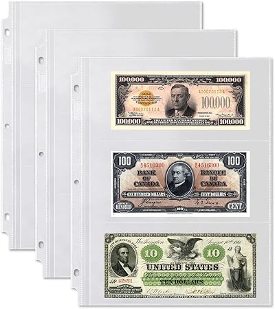Dunwell Binder Currency Sleeves for Collectors - (25 Pack), Acid-Free 3-Pocket Clear Plastic Refill Pages for Currency Collection Album, 3-Ring Binder Sheet Protectors for Bills, Banknotes or Coupons