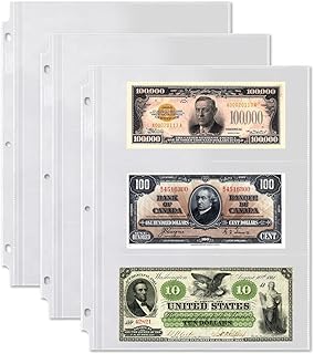 Dunwell Binder Currency Sleeves for Collectors - (25 Pack), Acid-Free 3-Pocket Clear Plastic Refill Pages for Currency Collection Album, 3-Ring Binder Sheet Protectors for Bills, Banknotes or Coupons