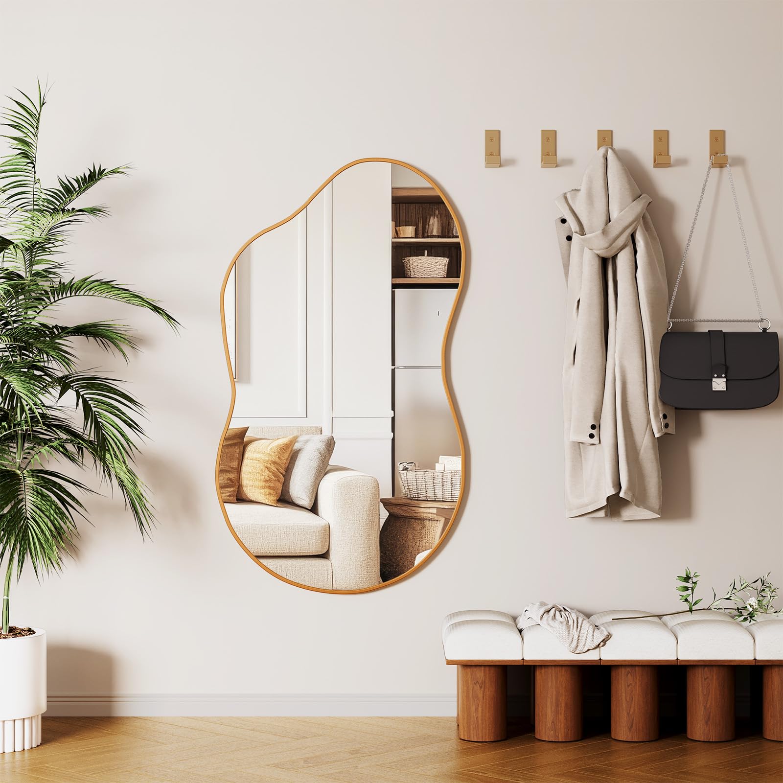 MAMIZO Miroir asymétrique, 50 x 91 cm, miroir mural de forme irrégulière, verre trempé, cadre en aluminium, miroirs décoratifs, miroir de maquillage unique, miroir de salle de bain, doré