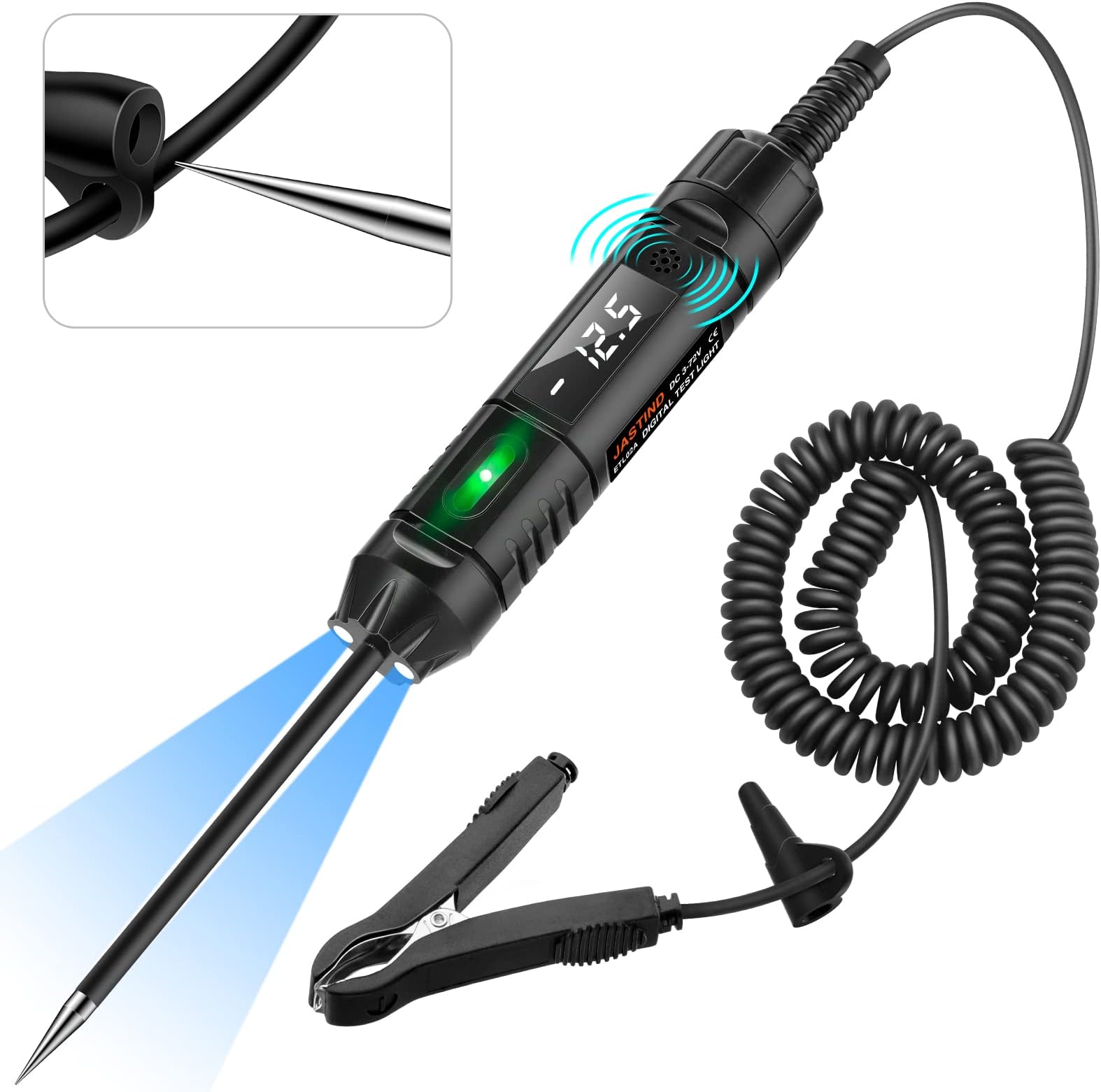 Heavy Duty 3-72V Digital LED Automotive Test Light, Circuit Tester with Polarity Indicate and Illuminating Lights, Car Truck Low DC Voltage Light Tester with Stainless Probe & 142 Inch Extended Wire