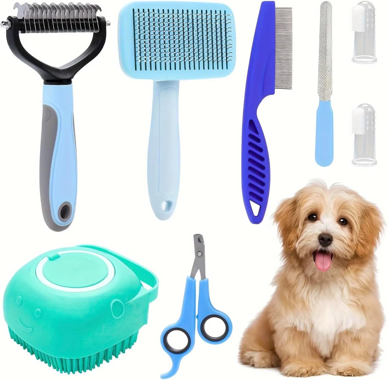 8-piece dog brush grooming set, pet self-cleaning set, with pet nail clippers and files, flea comb, pet shampoo bath brush, Pink and Blue colour variation set (Blue)