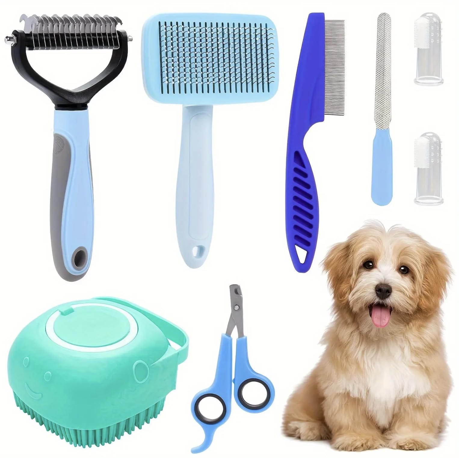 8-piece dog brush grooming set, pet self-cleaning set, with pet nail clippers and files, flea comb, pet shampoo bath brush, Pink and Blue colour variation set (Blue)