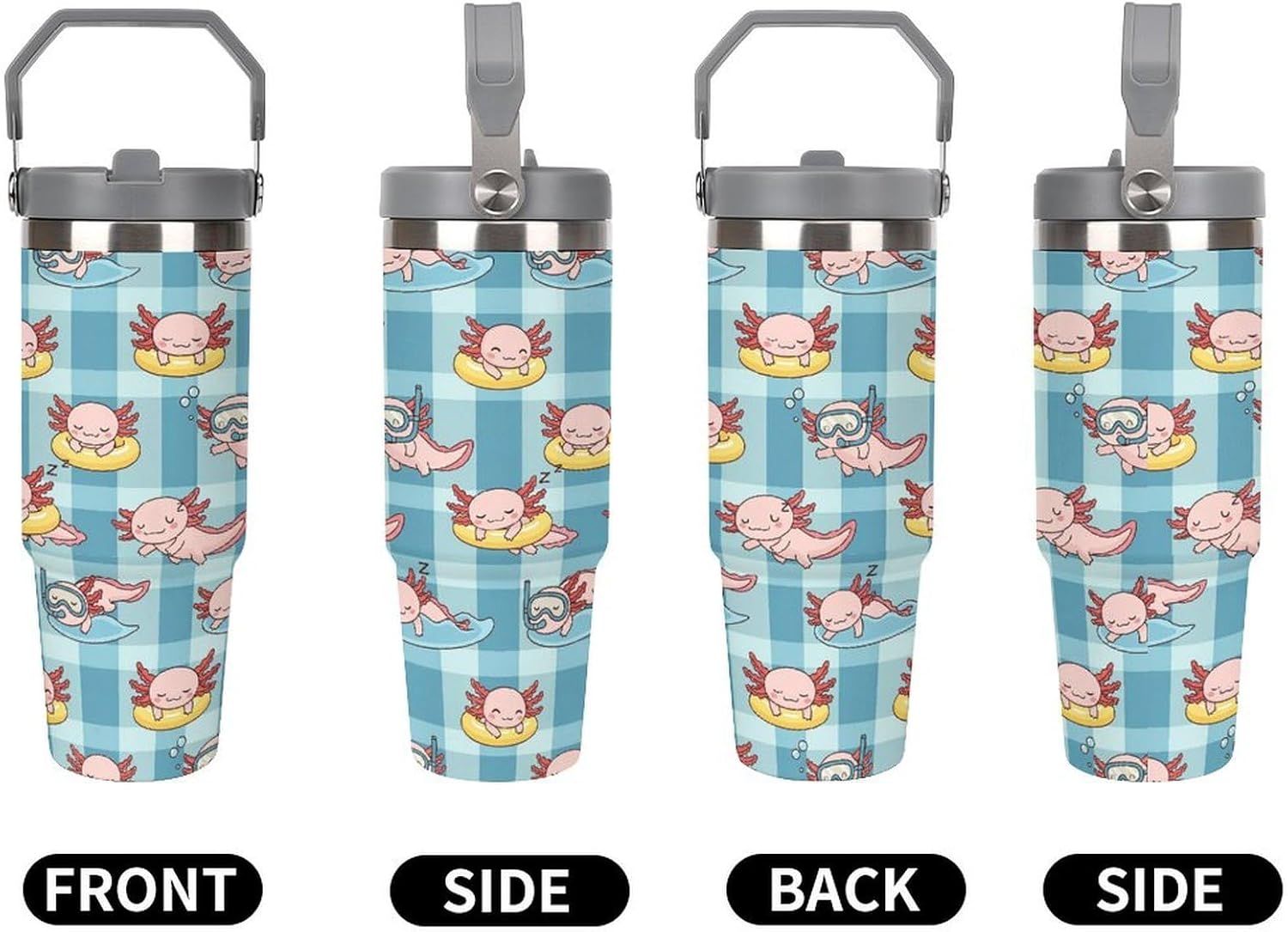 Stainless Steel Tumbler with Lid And Straw 30 Oz Top Handle Cute Axolotl Swim Leakproof Vacuum Insulated Water Bottle for Car Travel
